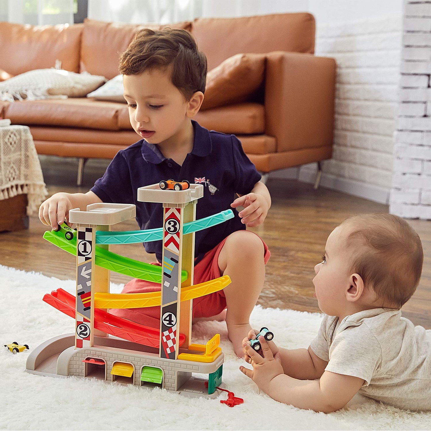 TOP BRIGHT Car Ramp Toy for 2 3 Year Old Boy Gifts, Toddler Race Track Toy for 18 Month Old with 4 Wooden Cars and 3 Car Garage
