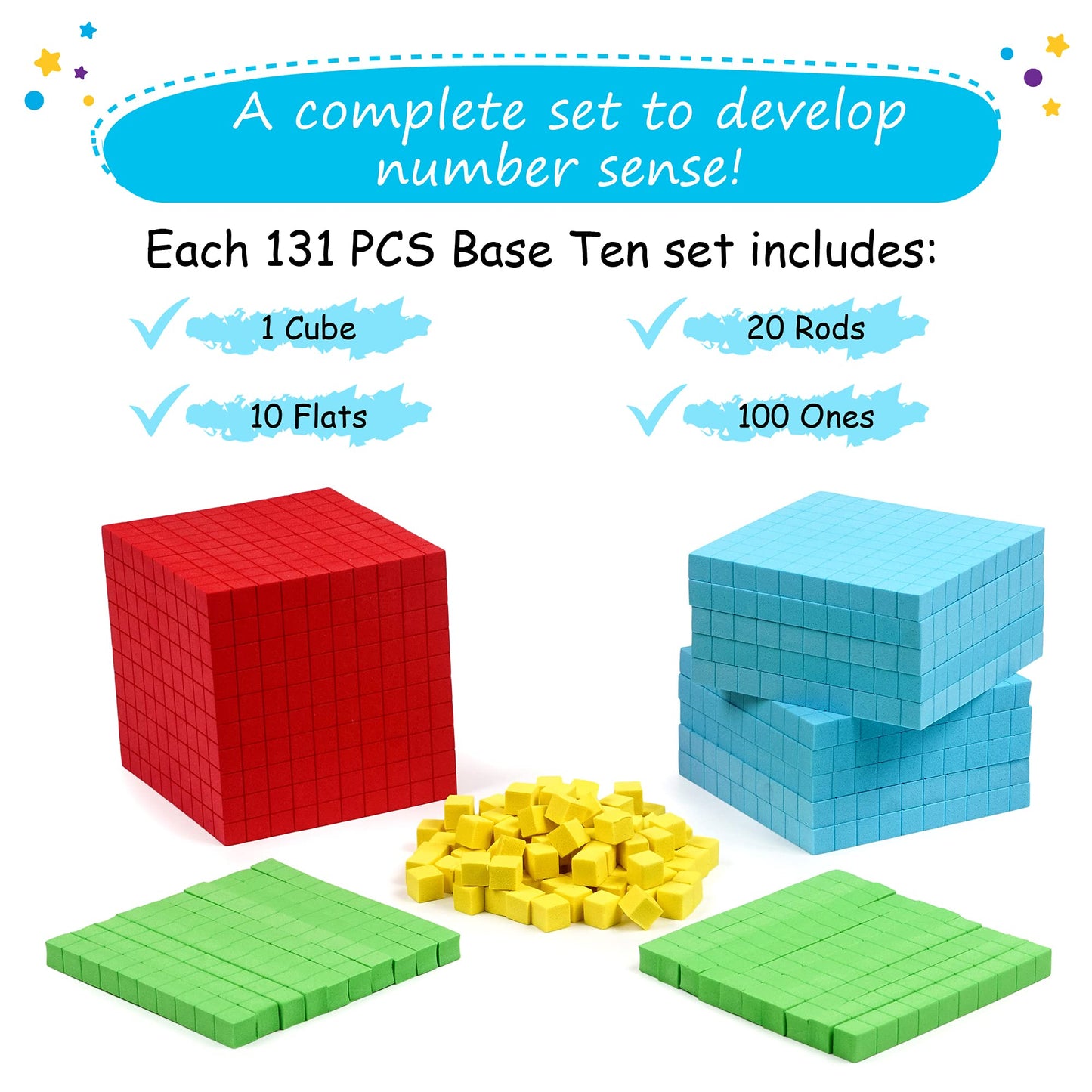 Simply Magic 131-Piece Foam Base Ten Blocks for Math - Place Value Manipulatives, Counting Cubes & Number Blocks for K-3
