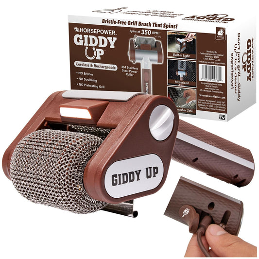 HorsePower Giddy Up Grill Cleaner – Cordless Rechargeable BBQ Tool with 350 RPM Stainless Roller & LED Light, As-Seen-On-TV