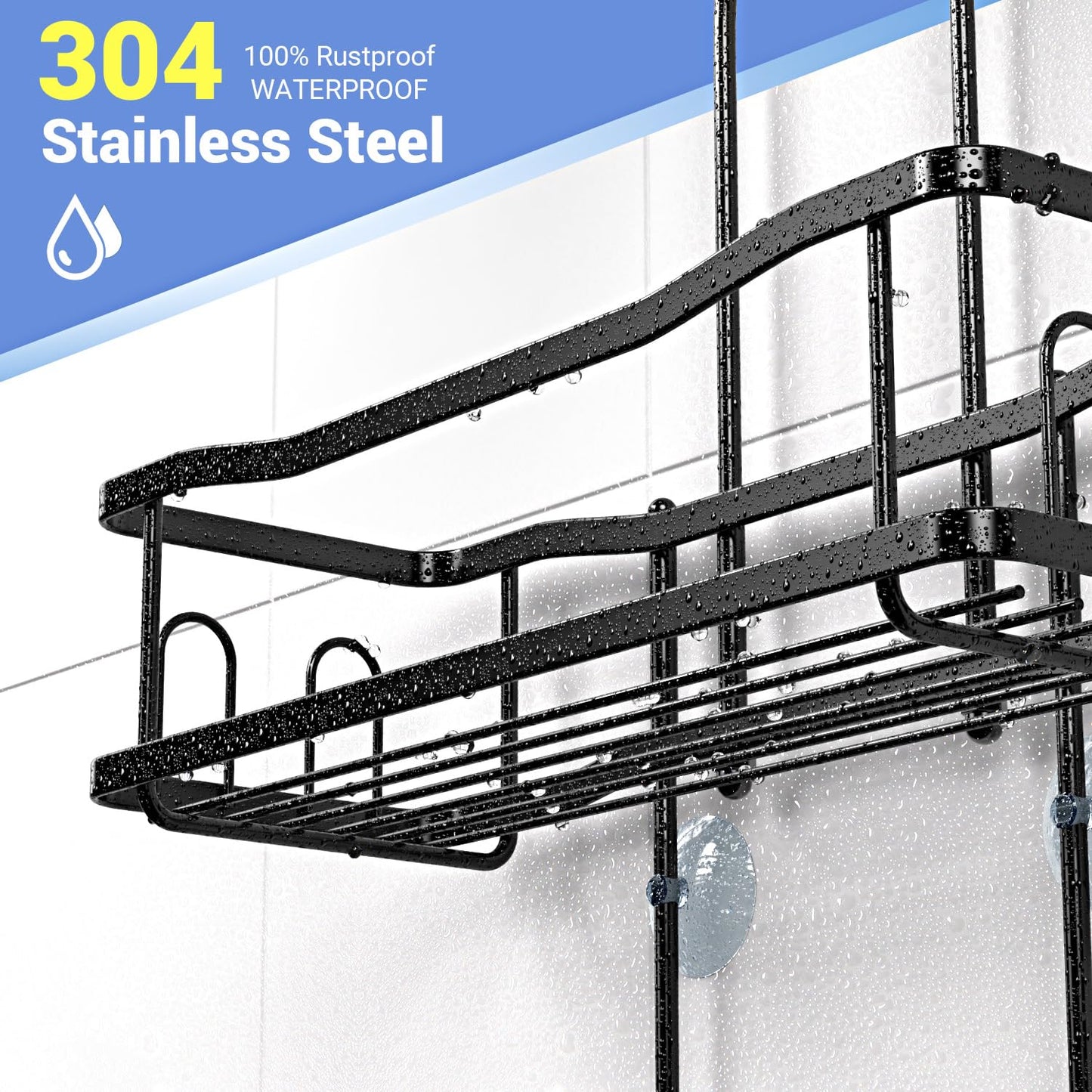 Aitatty Hanging Shower Caddy – Rustproof Over Shower Head Organizer with Shelves & Soap Holder – No Drilling, Black