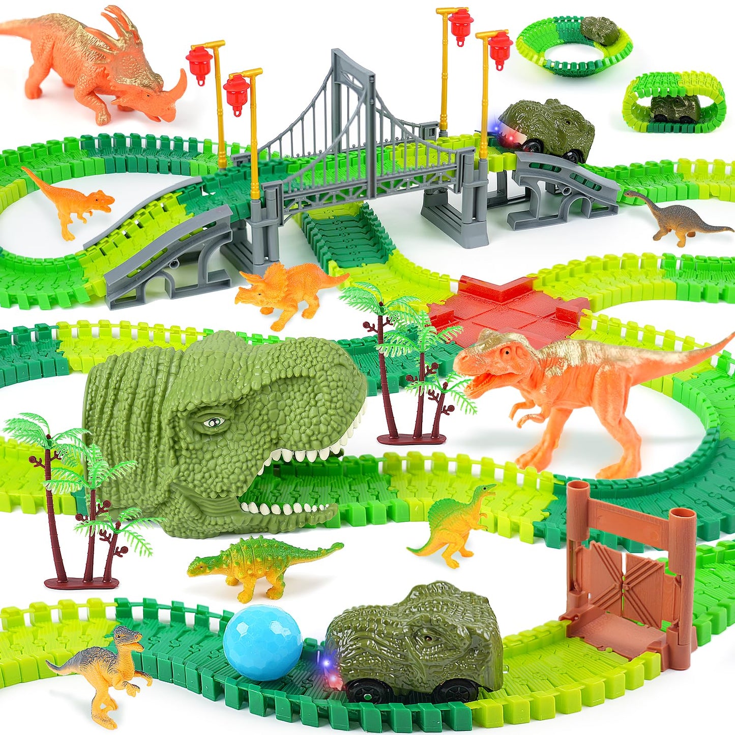 BEMITON Dinosaur Race Car Track Set – Flexible Dino Road Adventure Toys for Boys & Girls Ages 3-7, Perfect Christmas & Birthday Gift
