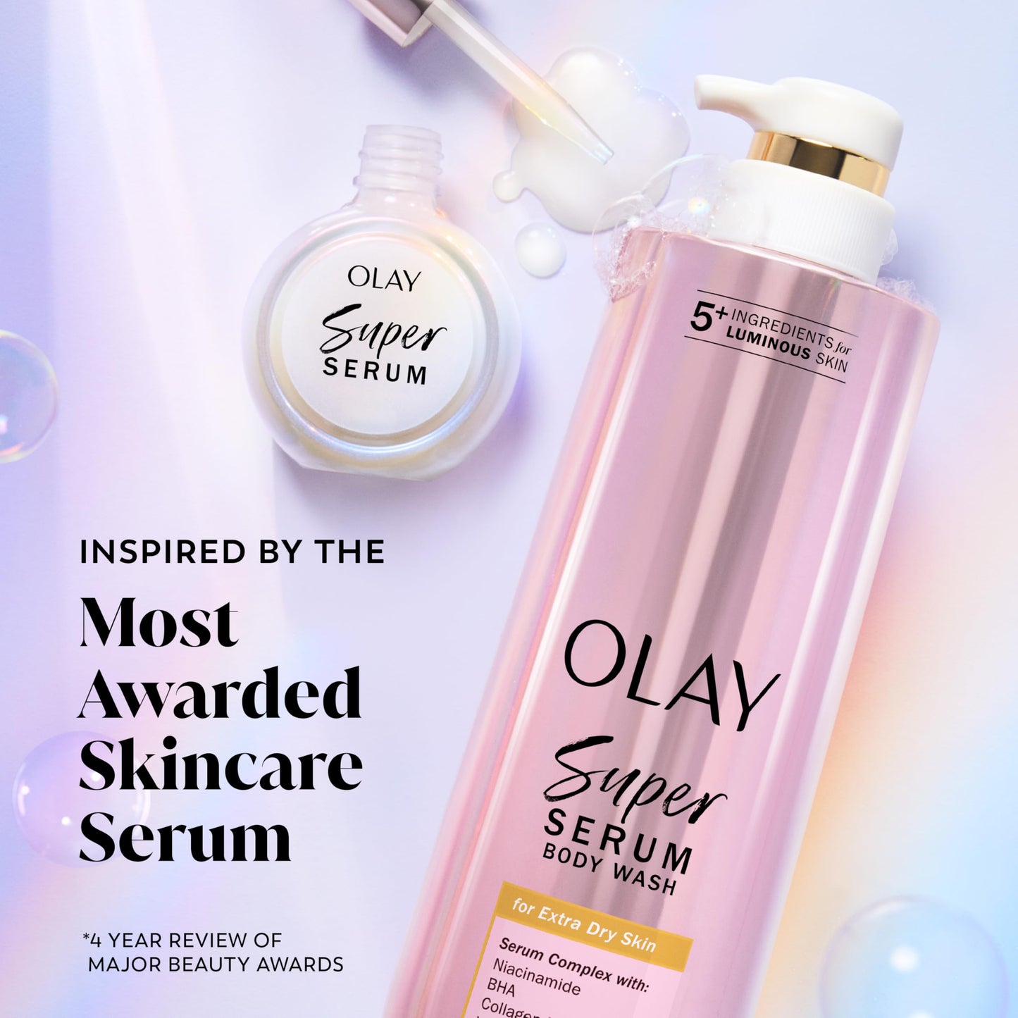 Olay Super Serum Body Wash for Extra Dry Skin, 24hr Long Lasting Hydration, 5+ Ingredient Serum Complex for Bright Even Firm Luminous Skin, 18.5 fl oz