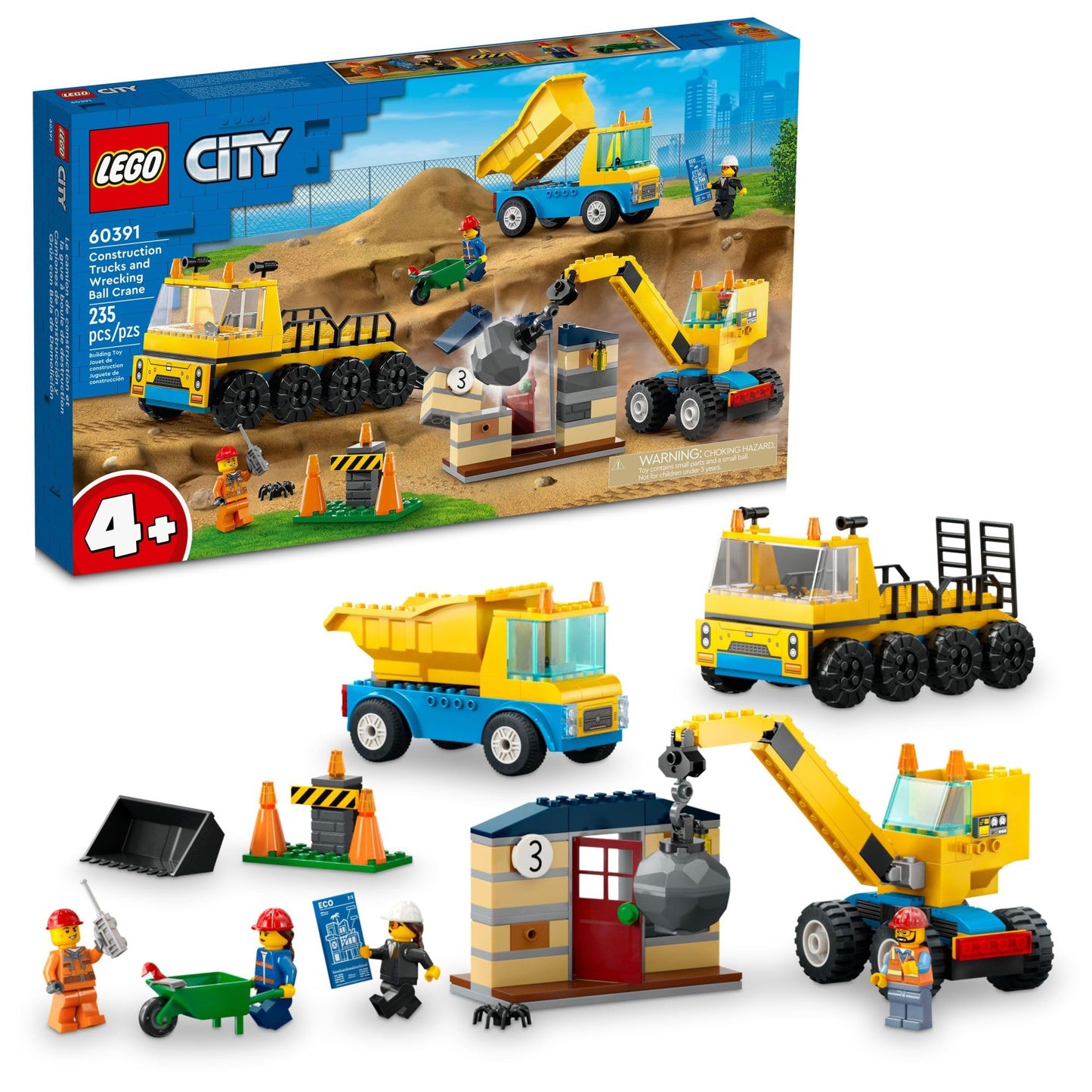 LEGO City Construction Trucks & Wrecking Ball Crane Set 60391 - 3 Vehicles, Abandoned House & 3 Minifigures, Pretend Play Toy for Kids 4+