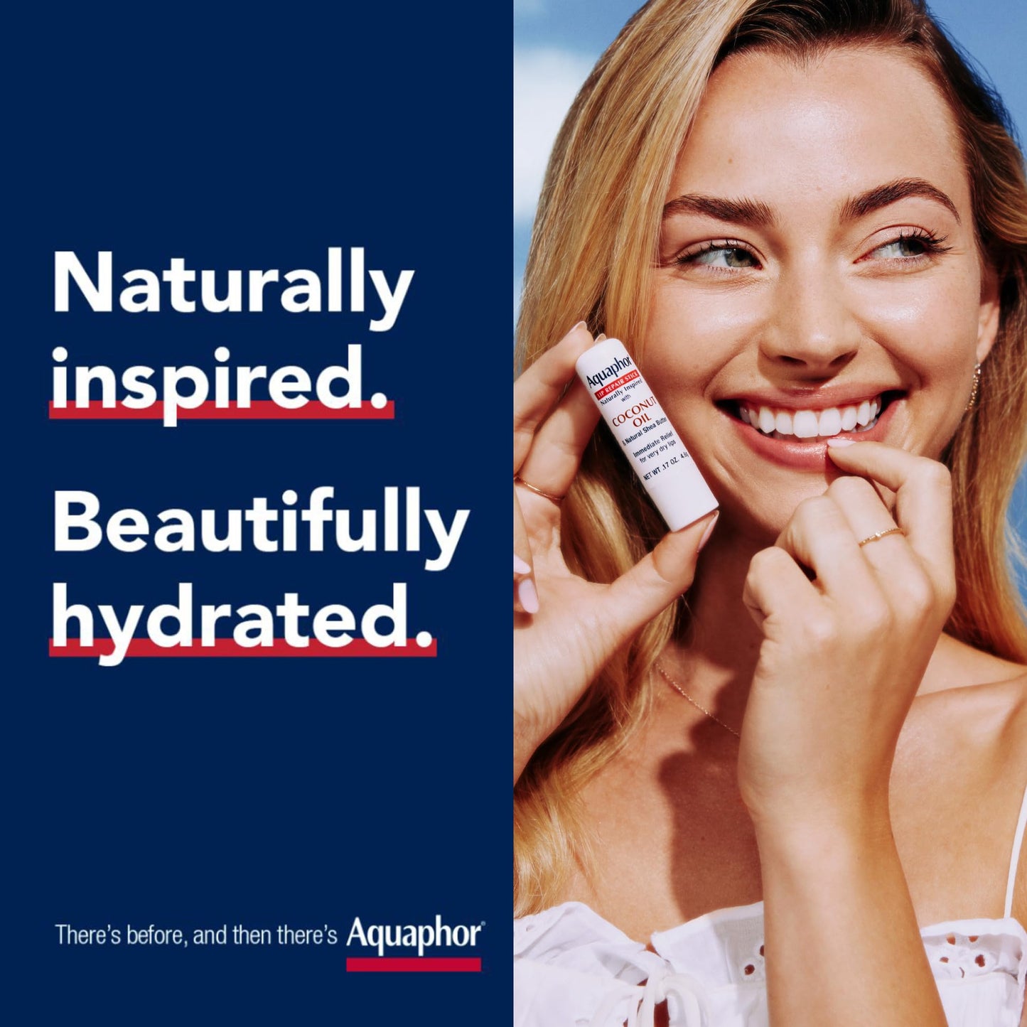 Aquaphor Naturally Inspired Lip Repair Stick with Coconut Oil and Natural Shea Butter, Hydrating Lip Balm Immediately Relieves Dryness, 0.17 Oz Stick