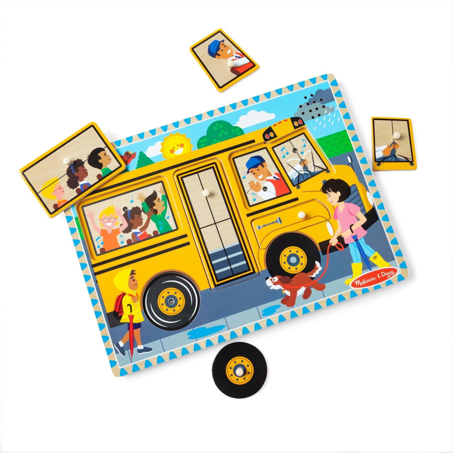 Melissa & Doug The Wheels on The Bus Puzzle – 8-Piece Wooden Peg Puzzle with Light-Activated Sounds, Musical Learning Toy for Toddlers Ages 2+