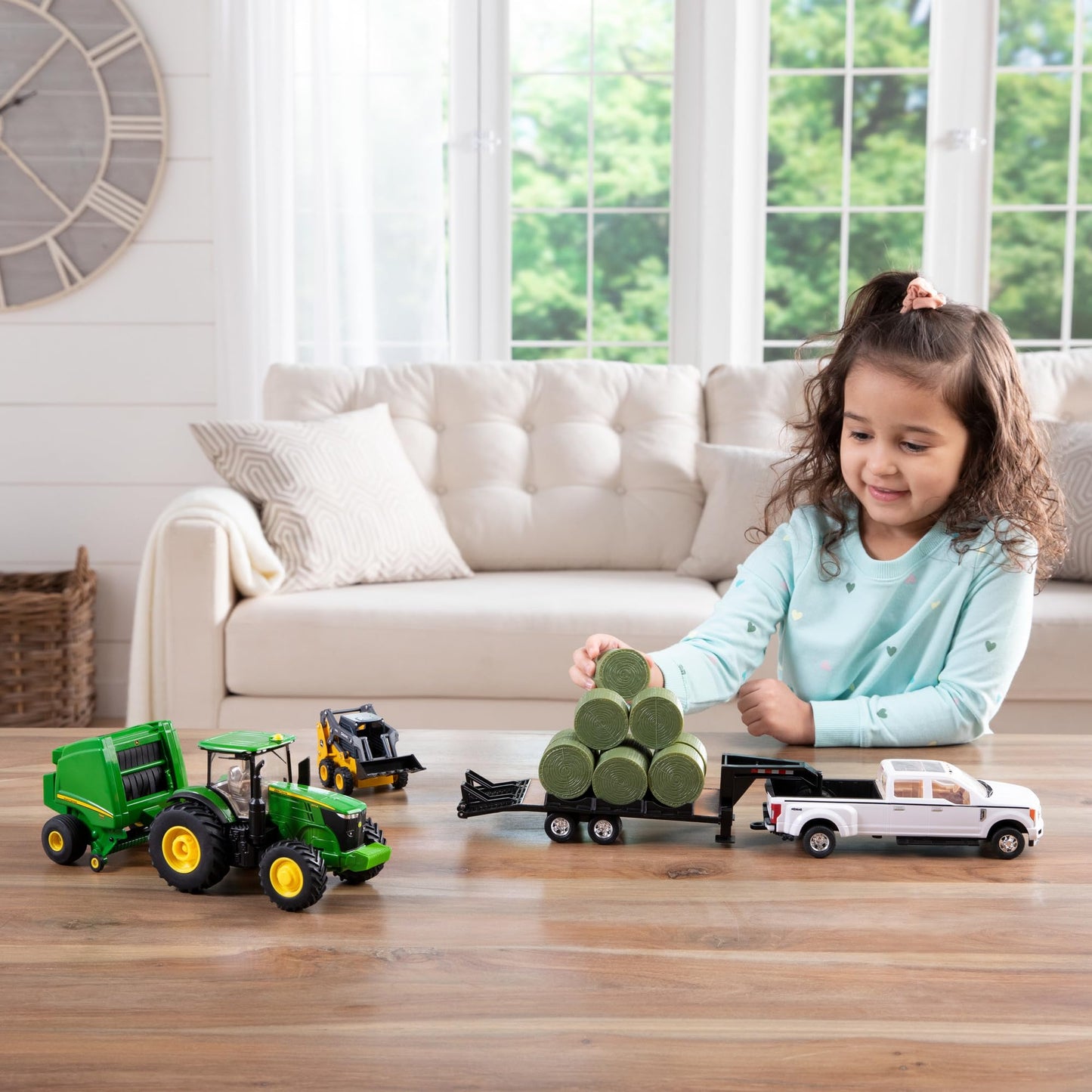 TOMY John Deere Round Bale Haying Set 1:32 Scale with 7R Tractor, 569 Round Baler & 381G Skid Steer Toy Farm Construction Playset Ages 3+