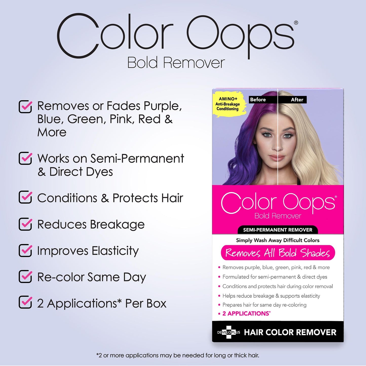 Color Oops Bold Hair Color Remover, 2 Applications – Safely Removes Semi & Direct Dyes, Recolor Same Day, Vegan & Cruelty-Free