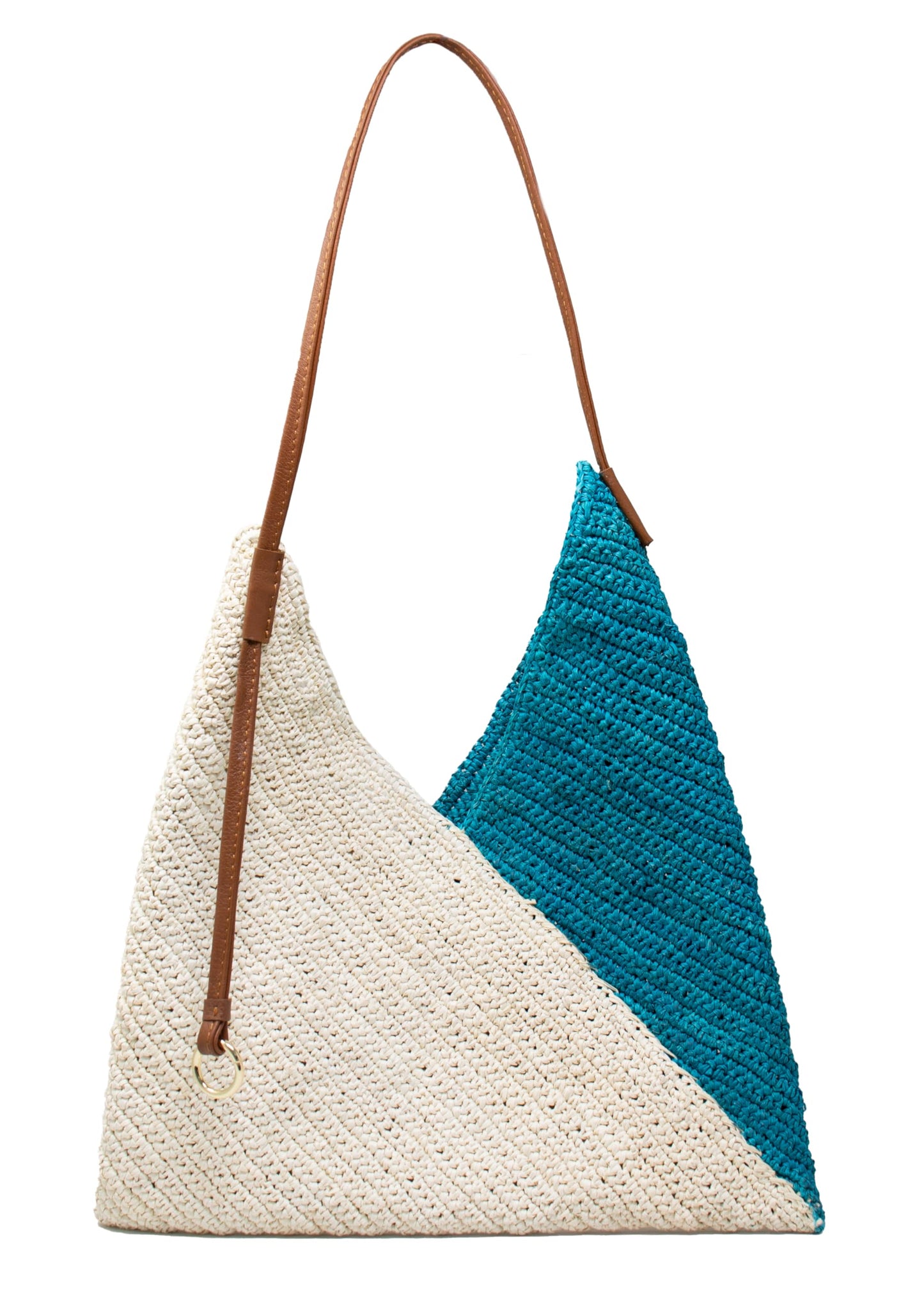 Sensi Studio, Two Tone Handbag, Unique, Turquoise-Natural Straw/Camel Leather Handle
