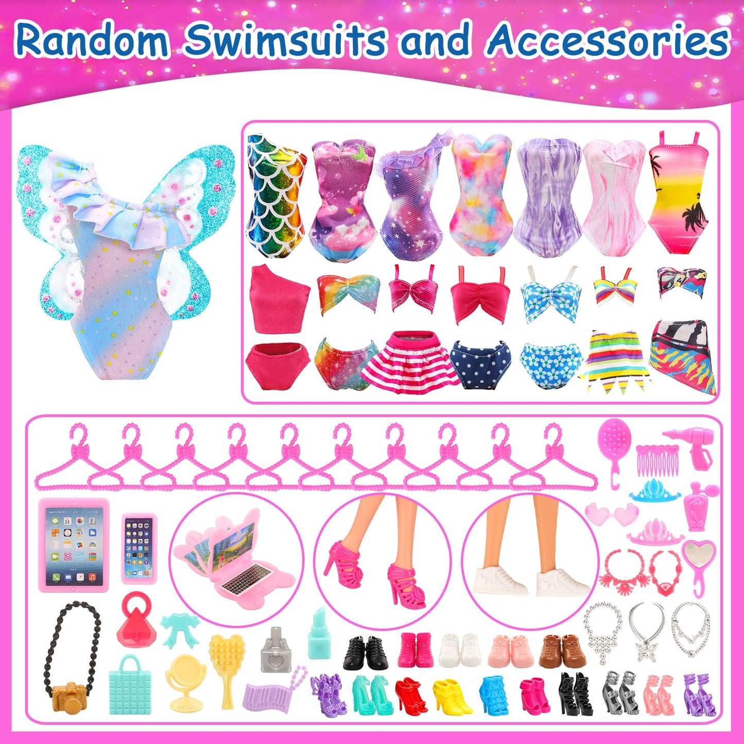 BARWA 70-Piece Doll Clothes & Accessories Set for 11.5" Dolls – Dresses, Tops, Pants, Swimsuits, Shoes, Hangers & Mini Accessories