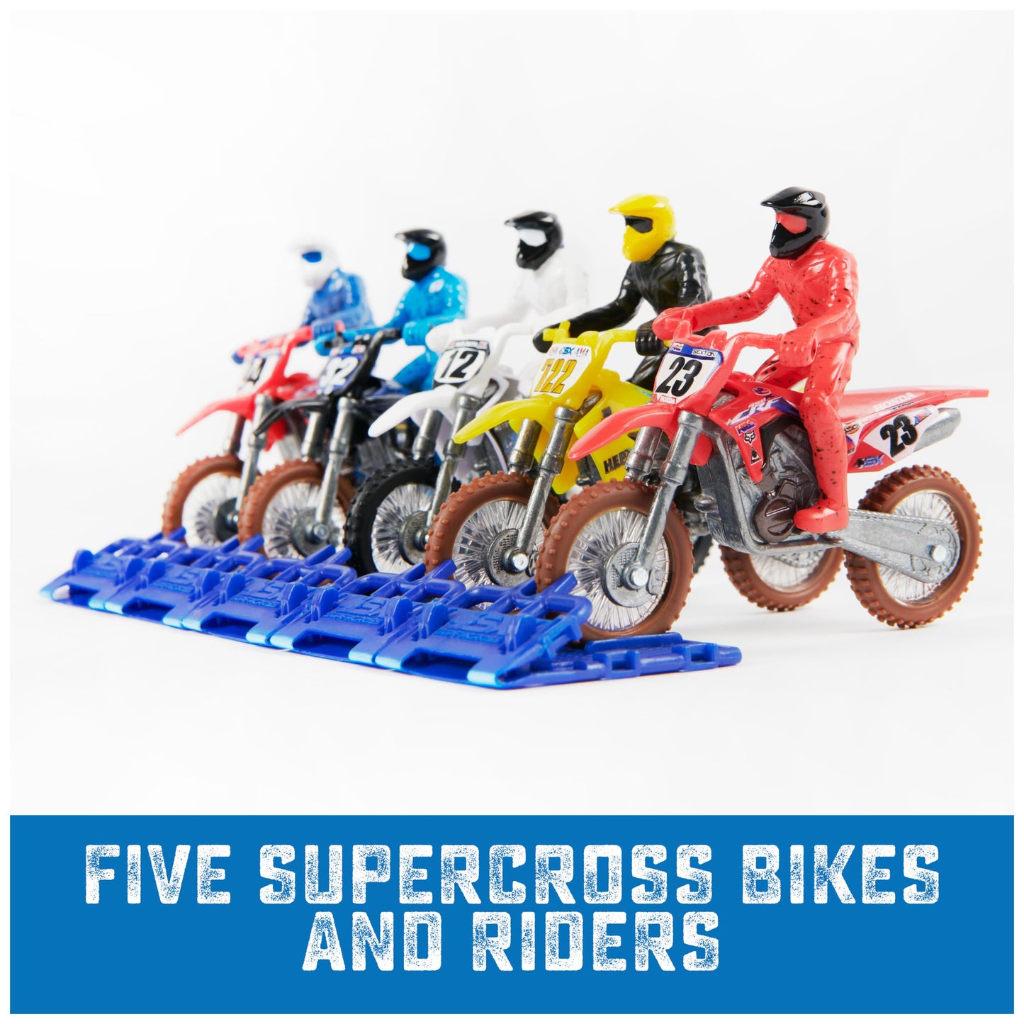 Supercross, Authentic 5-Pack of 1:24 Scale Die-Cast Motorcycles with Rider Figure, Toy Moto Bike for Kids and Collectors Ages 3 and up