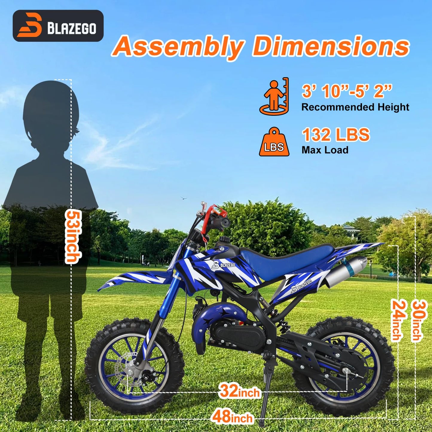 BLAZEGO 49cc Gas-Powered Kids Dirt Bike, 2-Stroke Mini Motorcycle with Off-Road Tires, Disc Brakes, Shock Absorption & Soft Seat, Ages 8-14, Blue