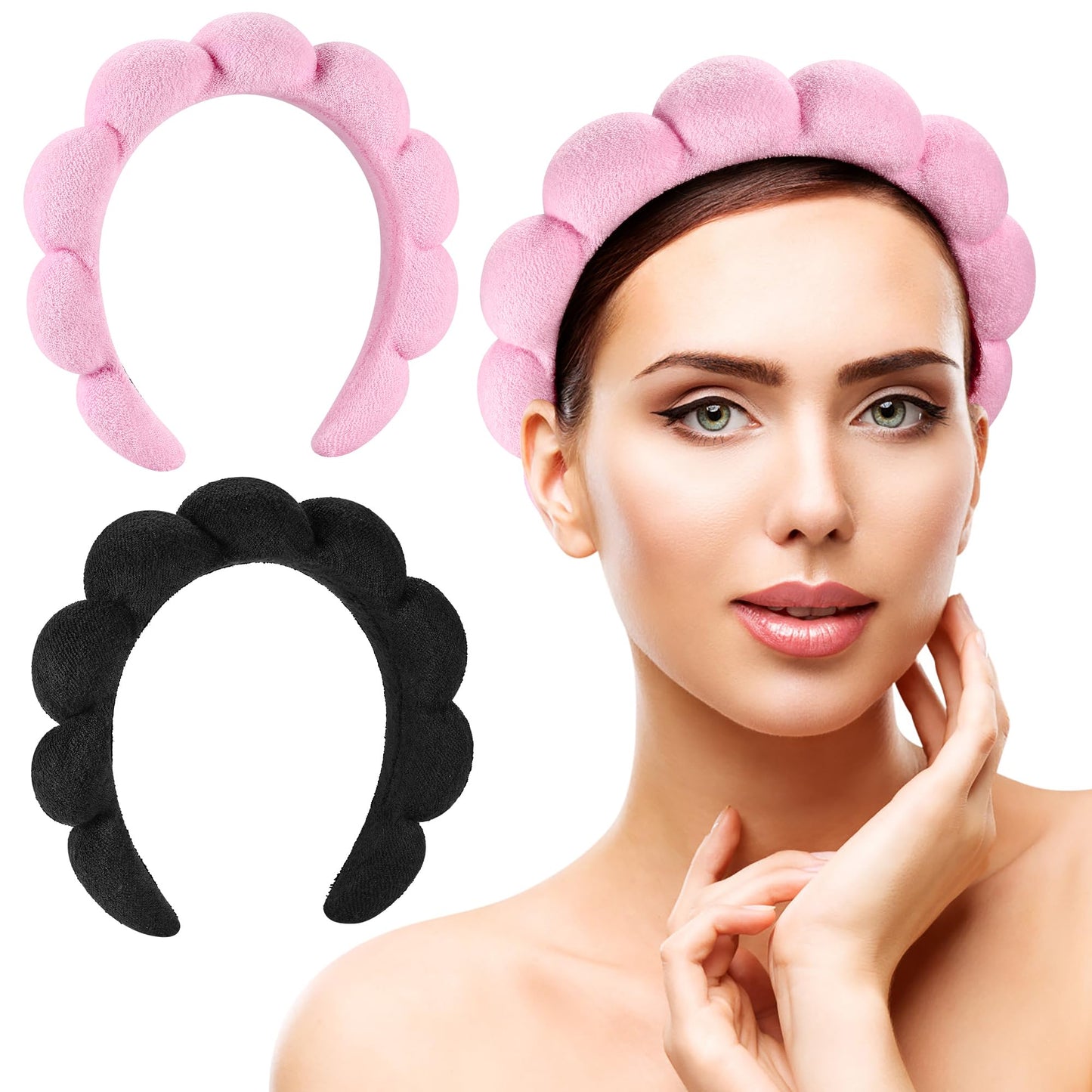 Ztomine Spa Headbands Set of 2 for Face Washing & Skincare – Soft Terry Cloth Puffy Headbands for Makeup, Facial & Mask (Black & Pink)