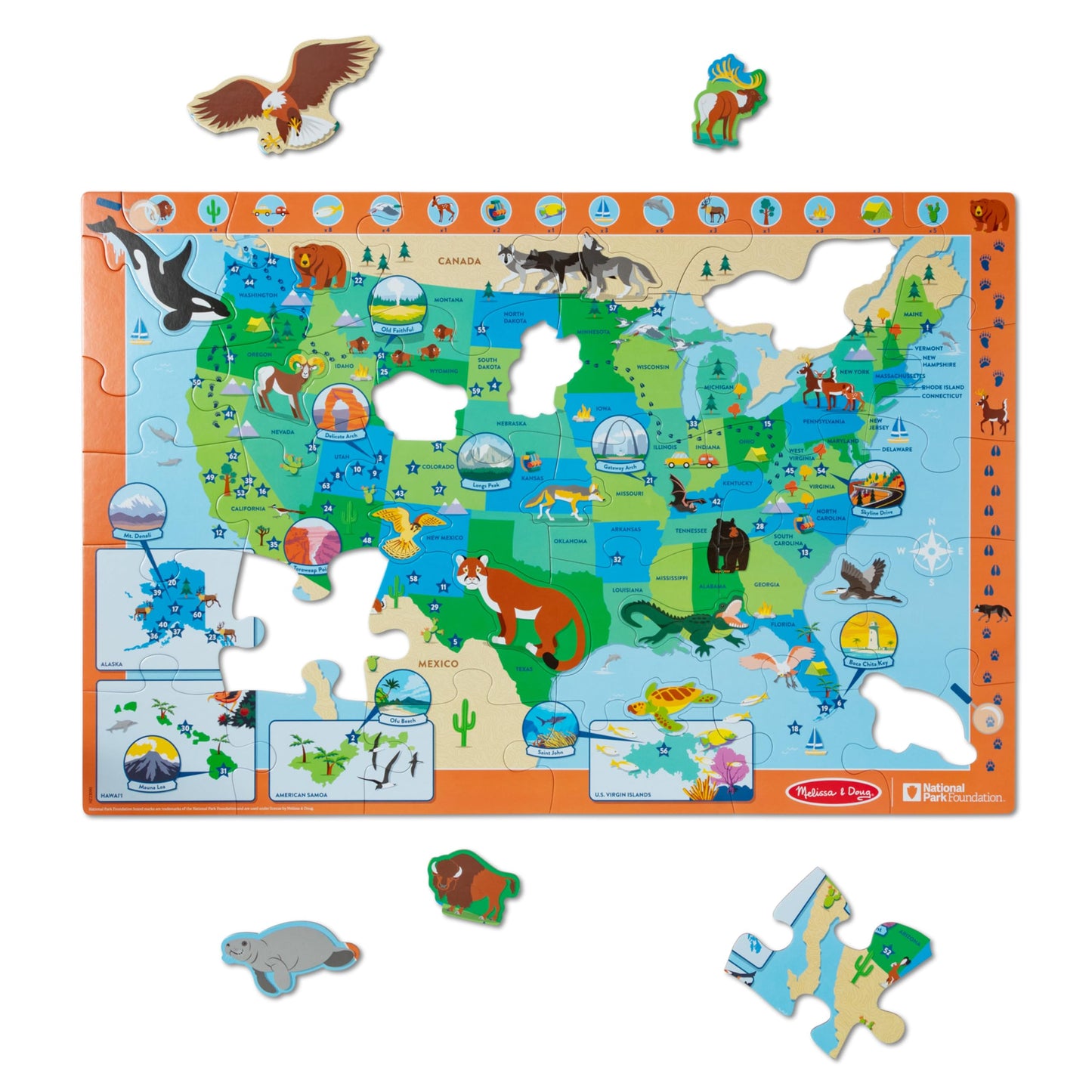 Melissa & Doug National Parks USA Map Floor Puzzle – 45 Jumbo Animal-Shaped Pieces with Search & Find Activities, Park & Animal ID Guide