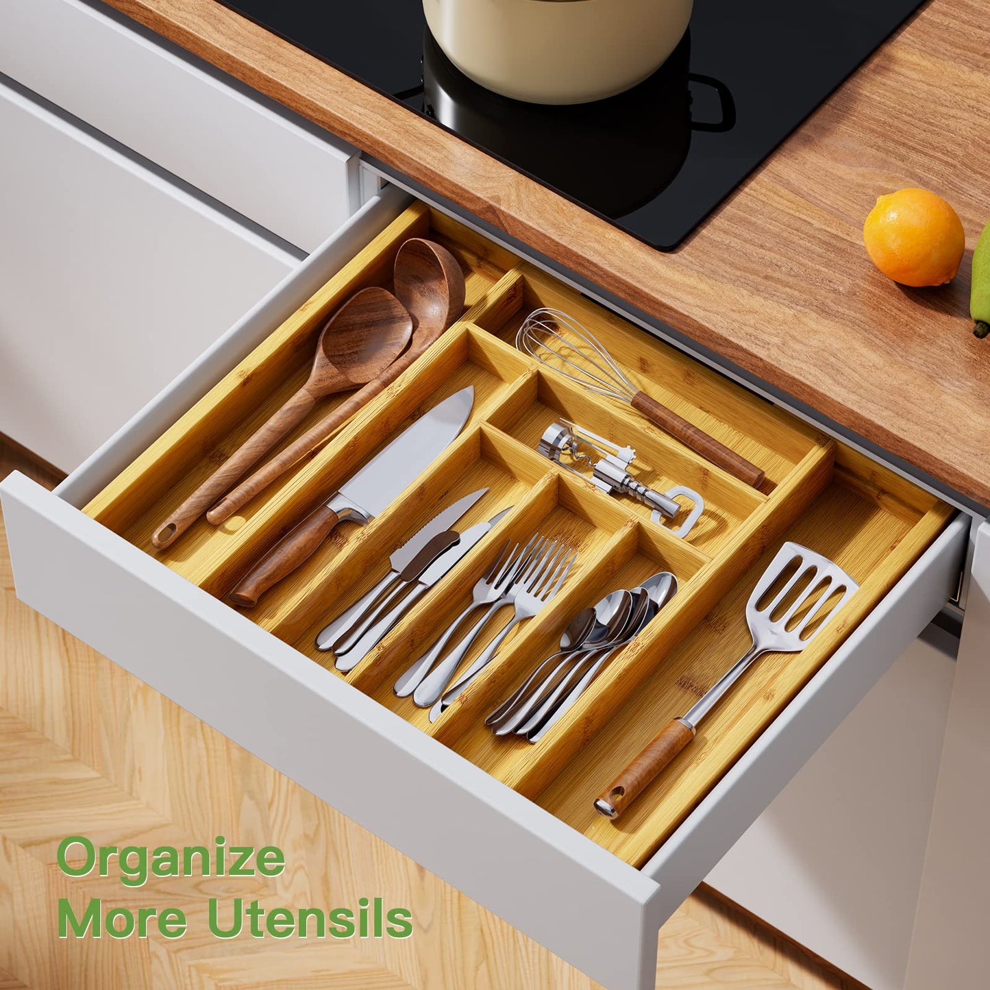 Pipishell Bamboo Expandable Silverware Organizer – Large Utensil Drawer Tray for Spoons, Forks, Knives & Multipurpose Kitchen Use, Natural