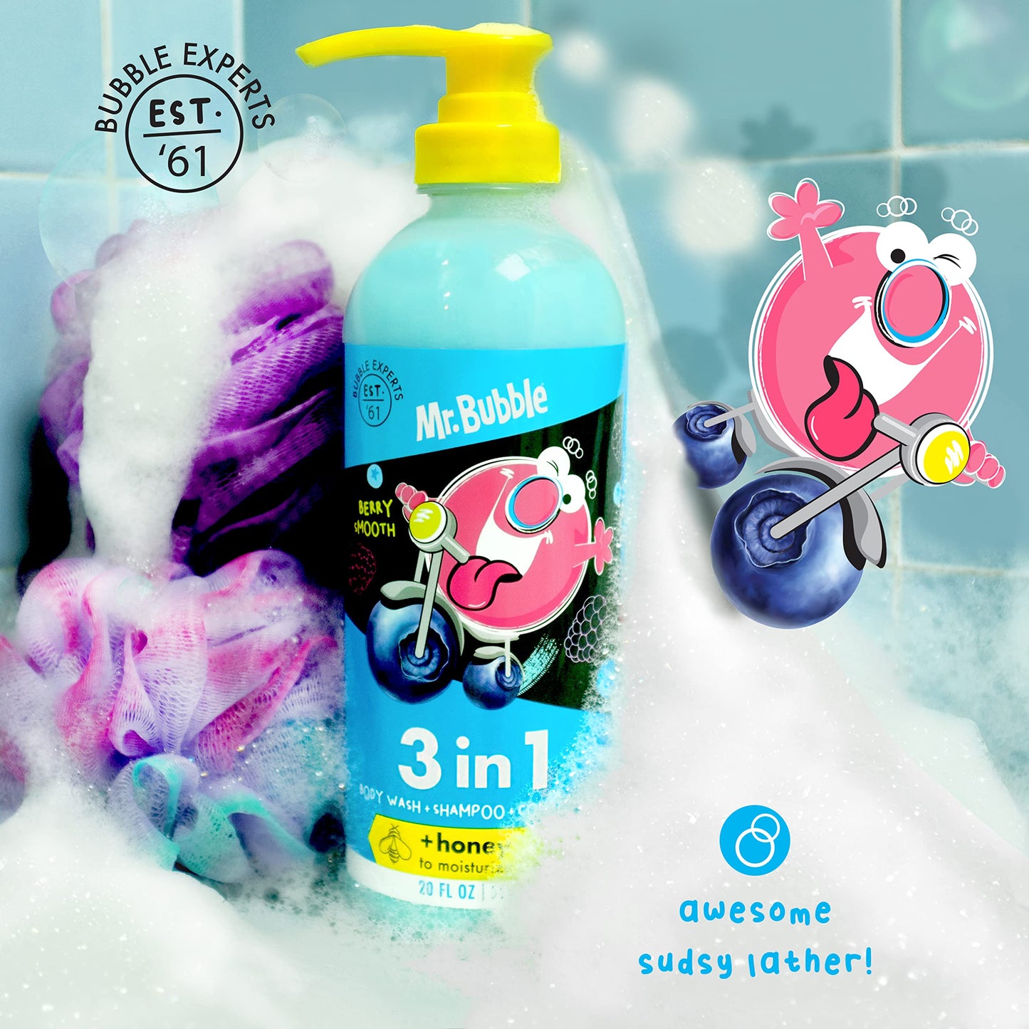 Mr. Bubble Berry Smooth 3-in-1 Body Wash, Shampoo & Conditioner Plus Honey Moisturize and Smooth Hair and Body 3-Pack