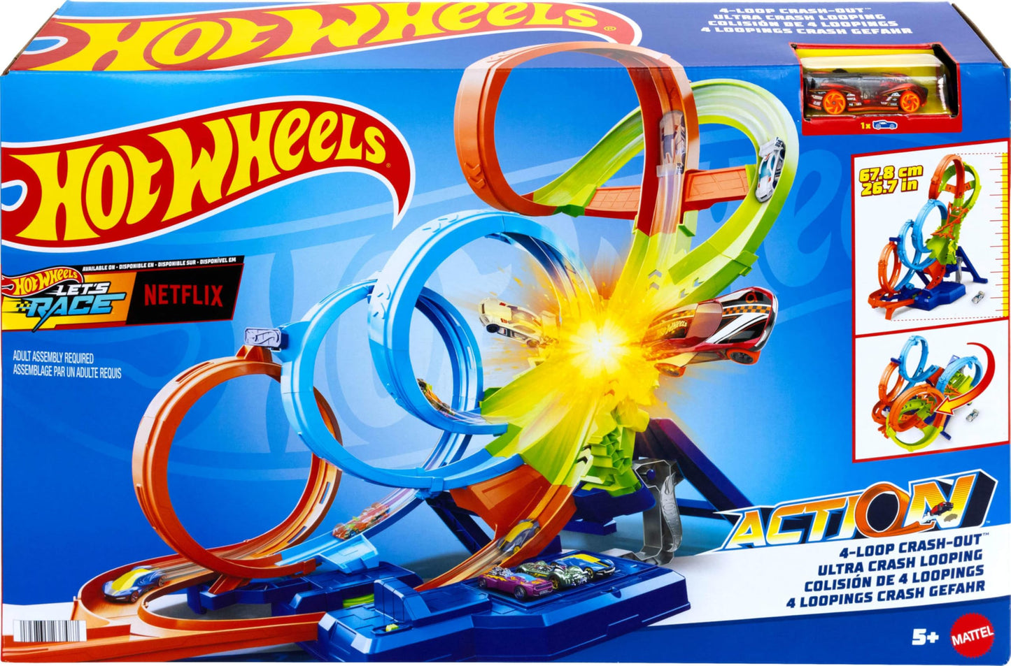 Hot Wheels Track Set with 4 Loops, 3-Way Crash Zone & Motorized Booster, Folds for Storage, with 1:64 Scale Toy Car