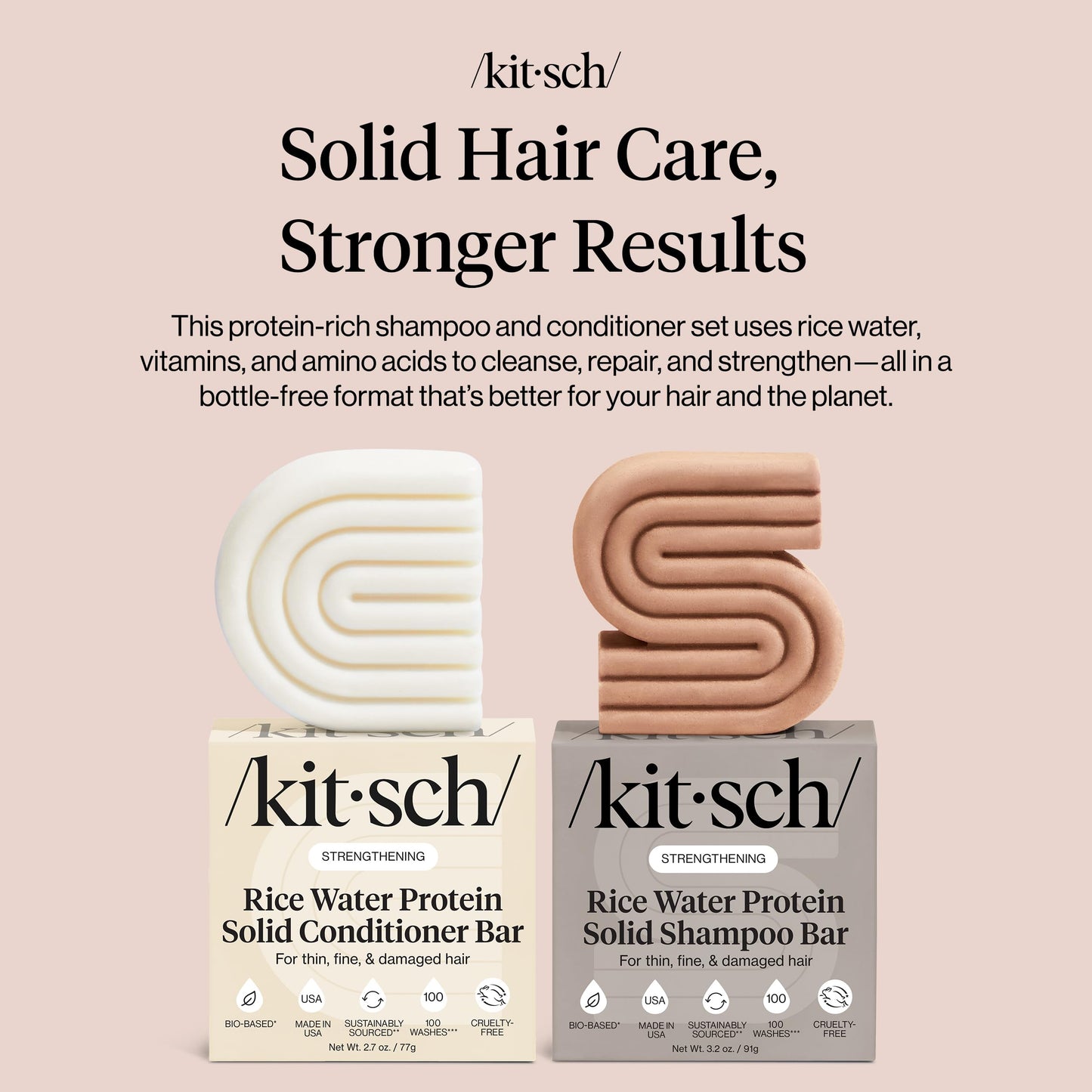 Kitsch Rice Water Protein Shampoo & Conditioner Bar Set – Strengthening Duo for Hair Growth & Damage Repair – Vitamin-Rich, Sulfate & Paraben Free, Made in USA