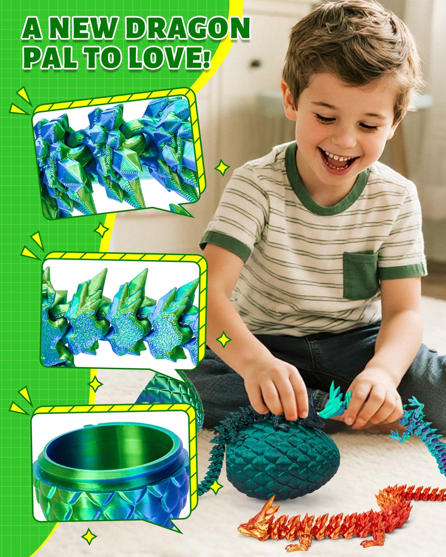 TBOLINE 12" 3D Printed Dragon Egg Toy – Articulated Crystal Dinosaur & Dragon Figure, Fidget & Collectible for Kids Ages 4-12