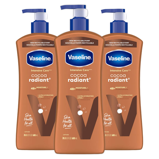 Vaseline Intensive Care Cocoa Radiant Body Lotion 3-Pack, 20.3 oz Each, Ultra-Hydrating with Cocoa Butter for Dry Skin & Radiant Glow
