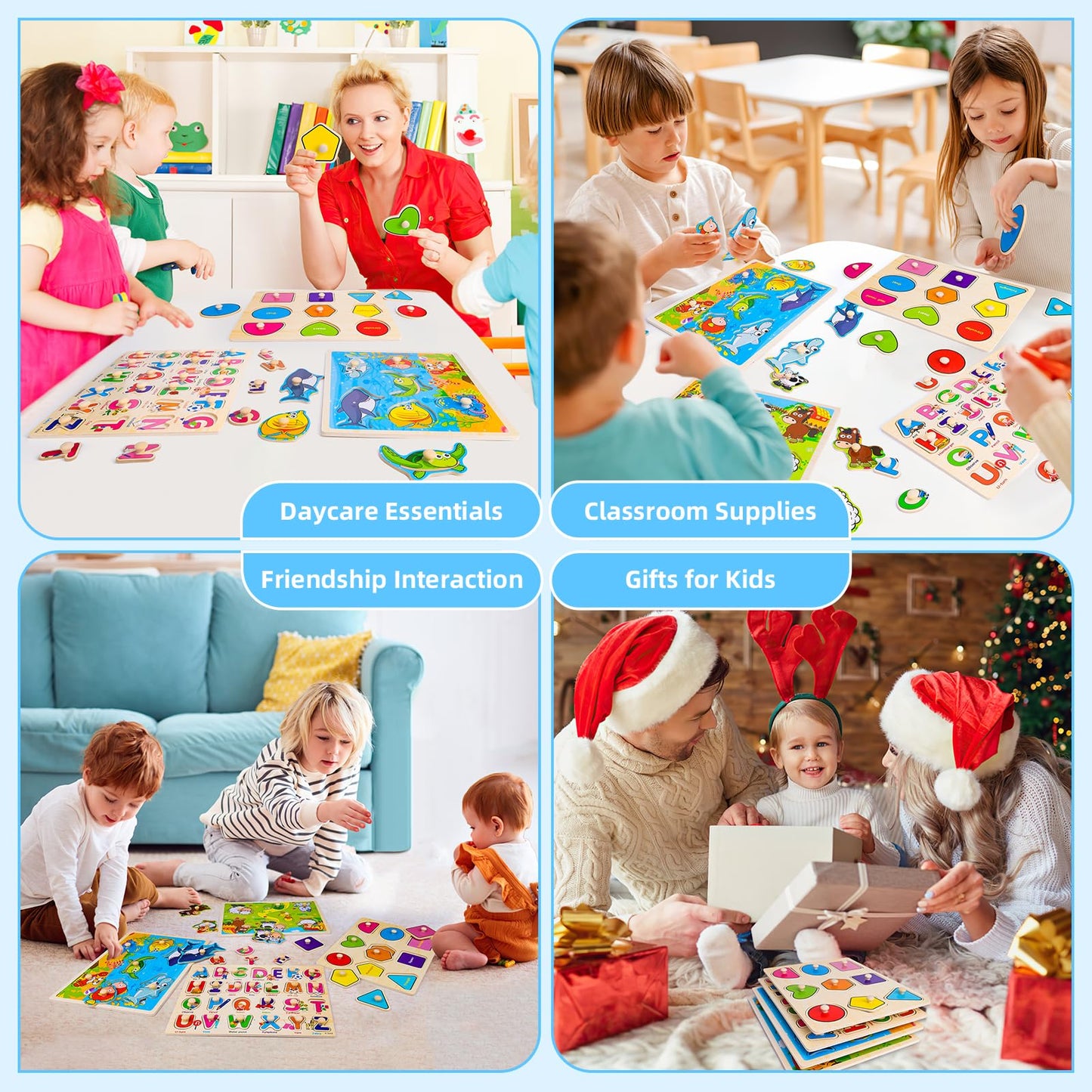 Wooden Peg Puzzles for Toddlers – 4 Pack Montessori Learning Toys with Animals, Shapes & Alphabet, Educational Gifts for Kids Ages 1-4