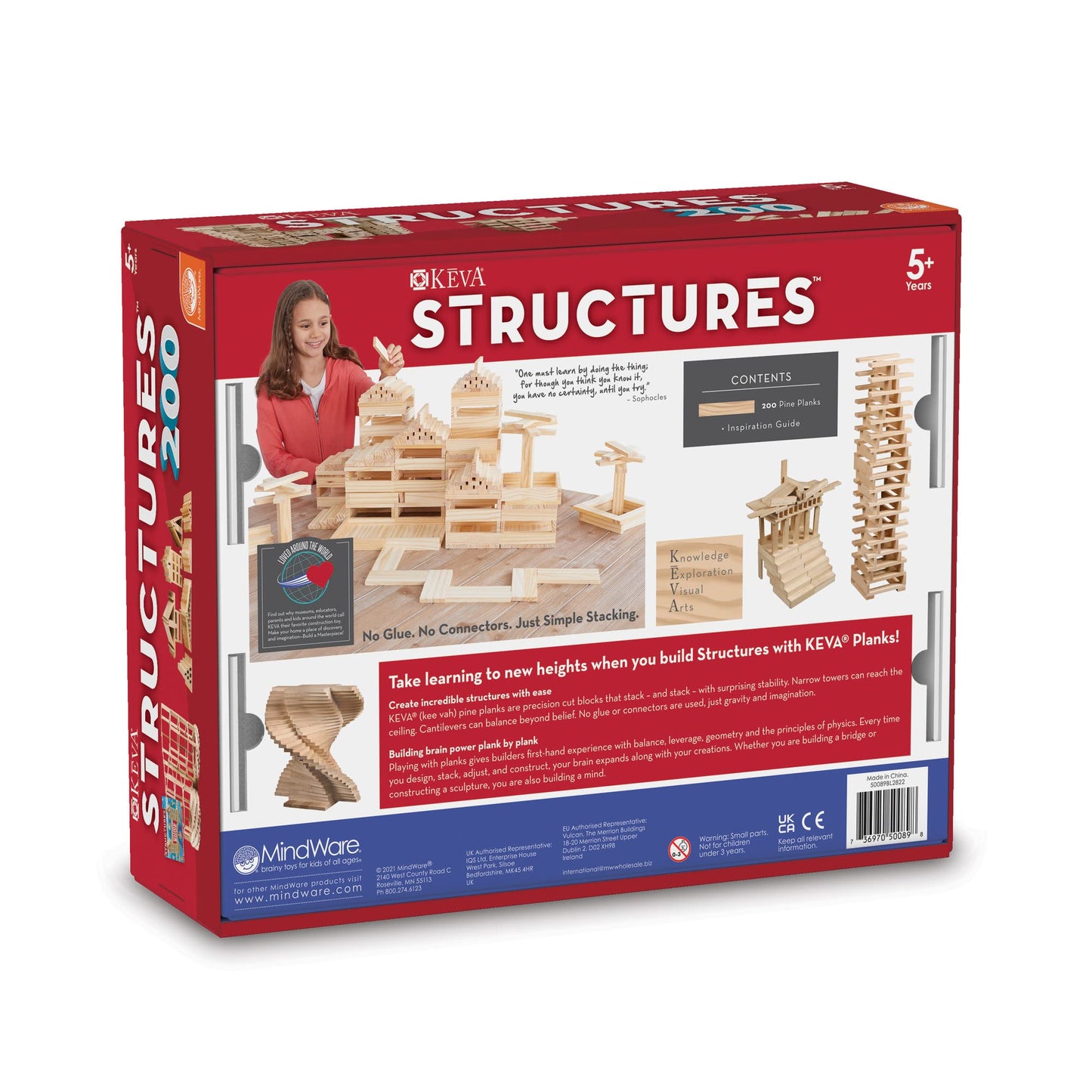 KEVA Structures 200 Wood Building Planks Set - Building Toy Includes 200 Wooden Blocks and Idea Book - Ages 5 and Up