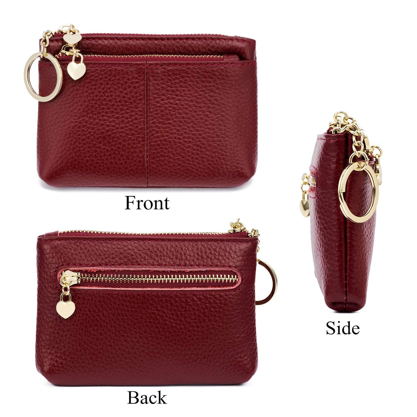 ZOOEASS Coin Purse Women Genuine Leather Zip Mini Purse With Key Ring Triple Zipper Card Holder Wallet(Wine Red)
