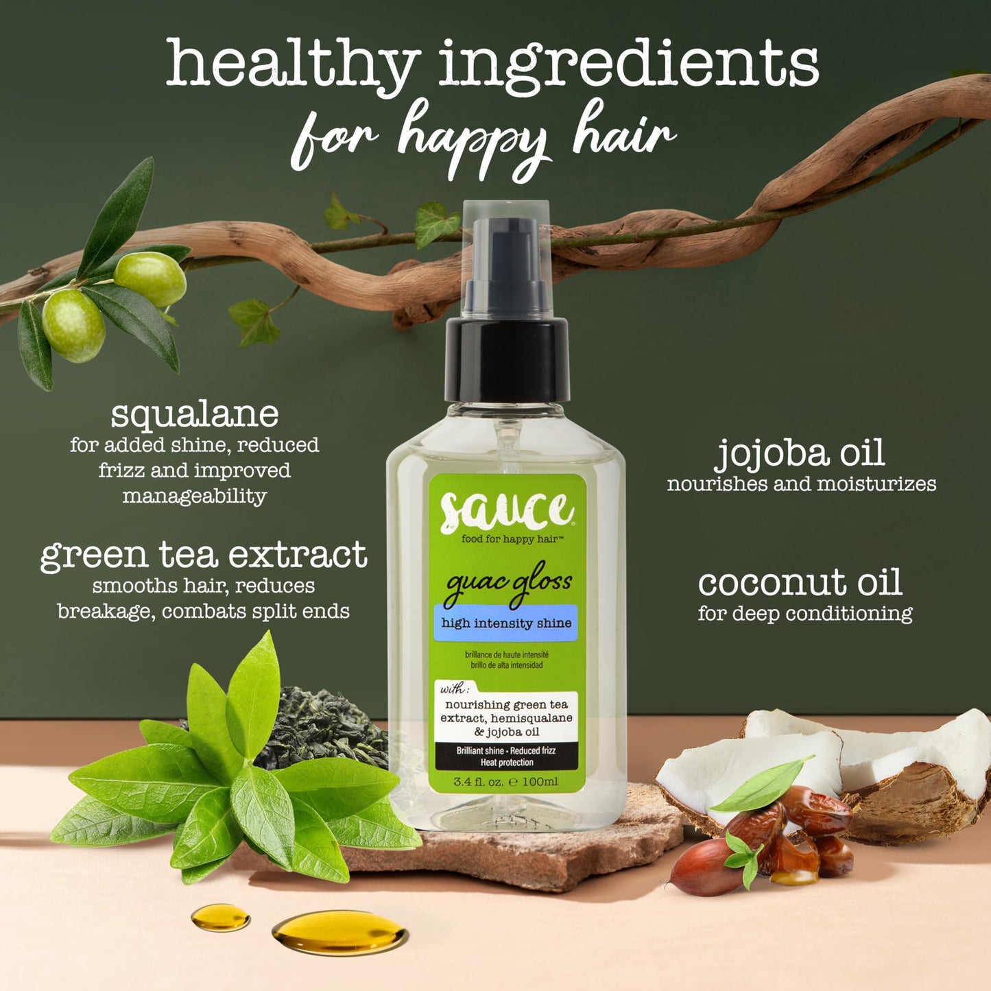SAUCE BEAUTY Guac Hair Gloss 3 Fl Oz | High Shine Hair Serum with Jojoba Oil, Green Tea & Squalane | Smooth, Frizz Control & Vegan Formula