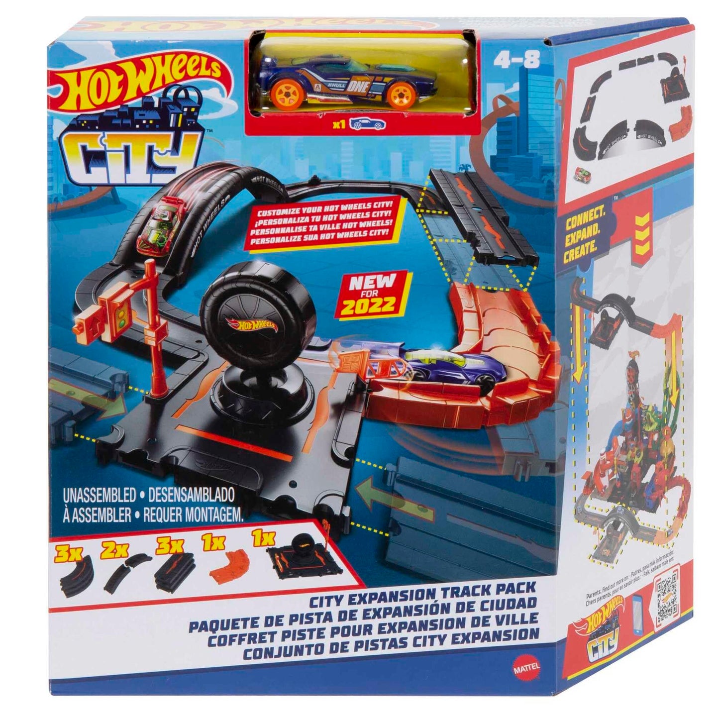 Hot Wheels Toy Car Track Set Pack, 10 Track-Building Parts with City Square, Bridge & 1:64 Scale Vehicle, Connects to Other Tracks