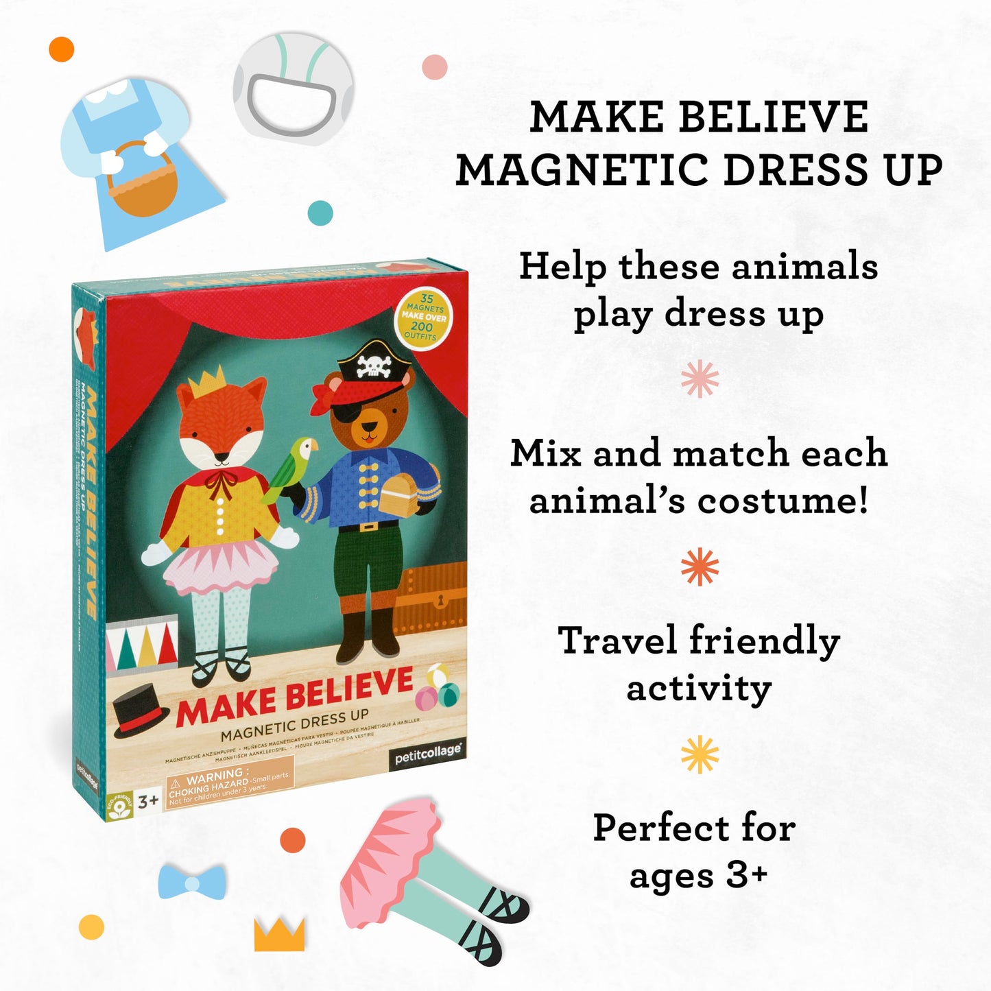Petit Collage Magnetic Dress-Up Game – Mix & Match Animal Costumes, 2 Dolls with 35 Magnetic Pieces, Creative Play for Ages 3+