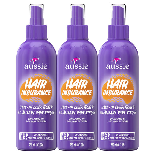 Aussie Hair Insurance Leave-In Conditioner Spray, Frizz Control & Softening with Jojoba & Sea Kelp, Moisturizing for All Hair Types, 8 Fl Oz, 3 Pack