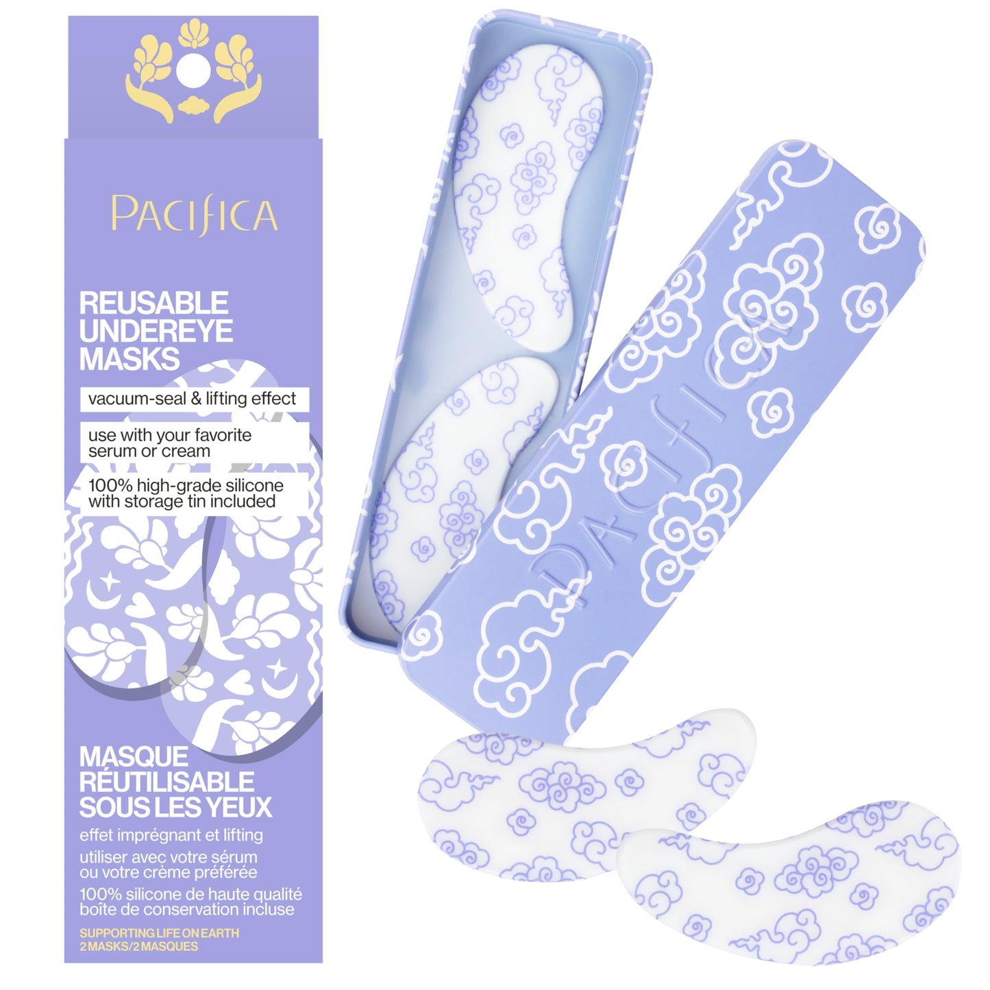 Pacifica Reusable Silicone Under Eye Mask for Dark Circles & Fine Lines, 2 Pieces with Serum & Storage Tin, Vegan & Cruelty-Free