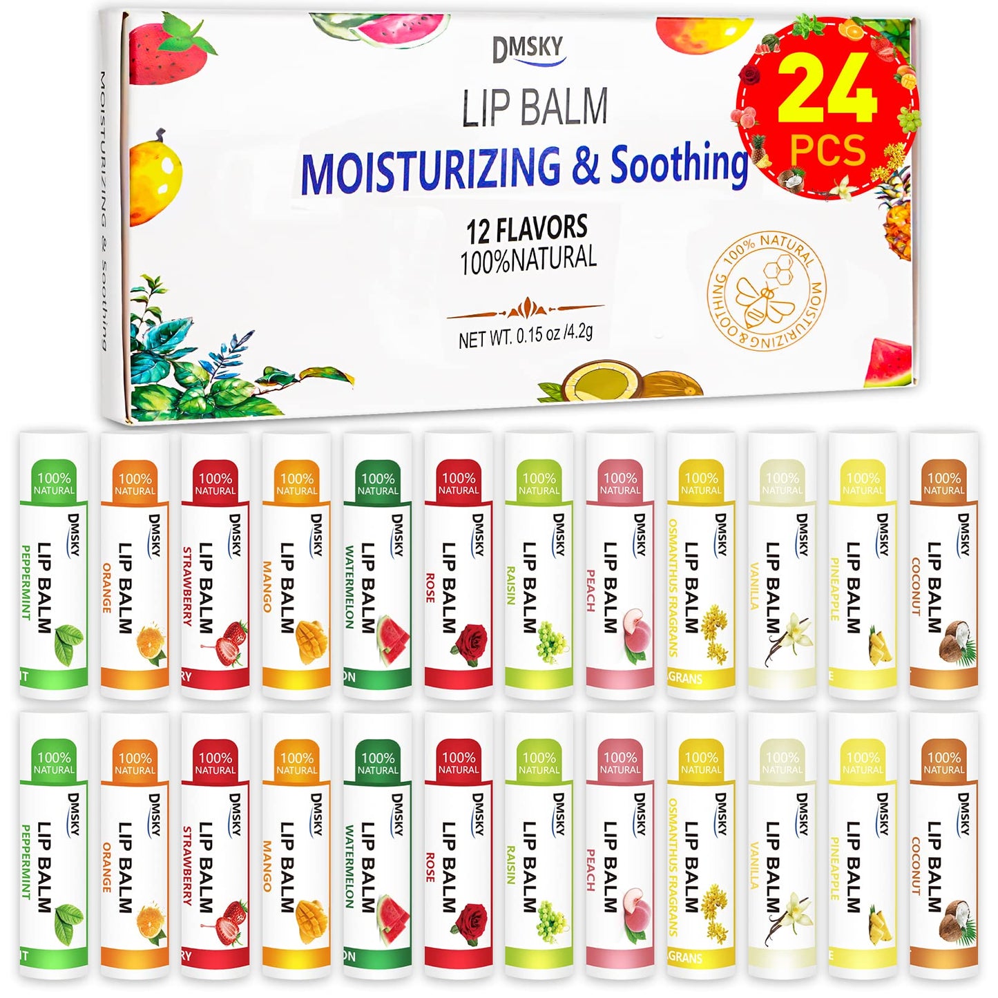 DMSKY 24 Pack Natural Lip Balm Set with Vitamin E & Coconut Oil – Moisturizing Lip Care for Chapped Lips, 12 Flavors, Bulk for Women