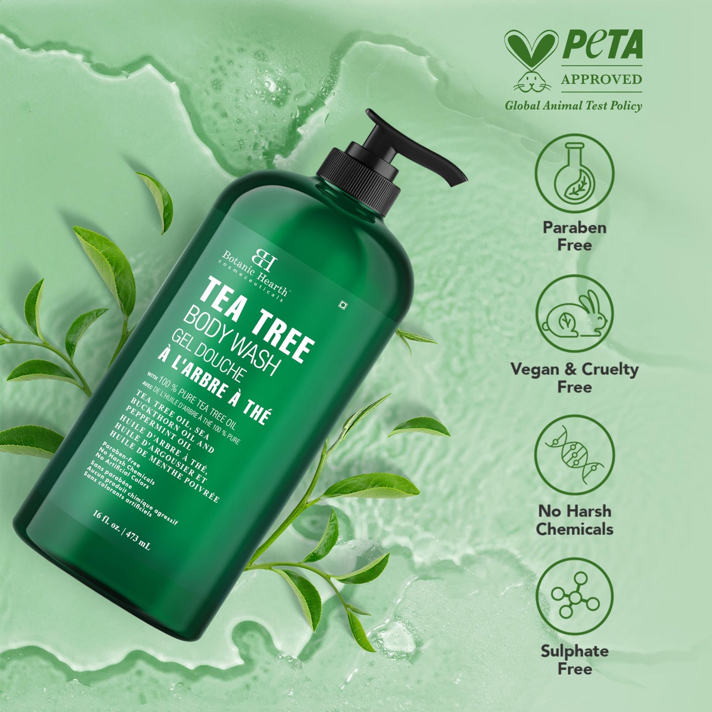 Botanic Hearth Tea Tree Body Wash 16oz – Soothes Dry, Itchy Skin, Antifungal, Sulfate & Paraben Free, 100% Pure Tea Tree Oil, Men & Women