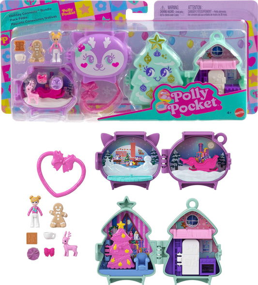 Polly Pocket Mini Toys, Holiday Stackable Compact Playset Bundle with Micro Doll, Accessories, Pet Animal, Travel Toy with Clip
