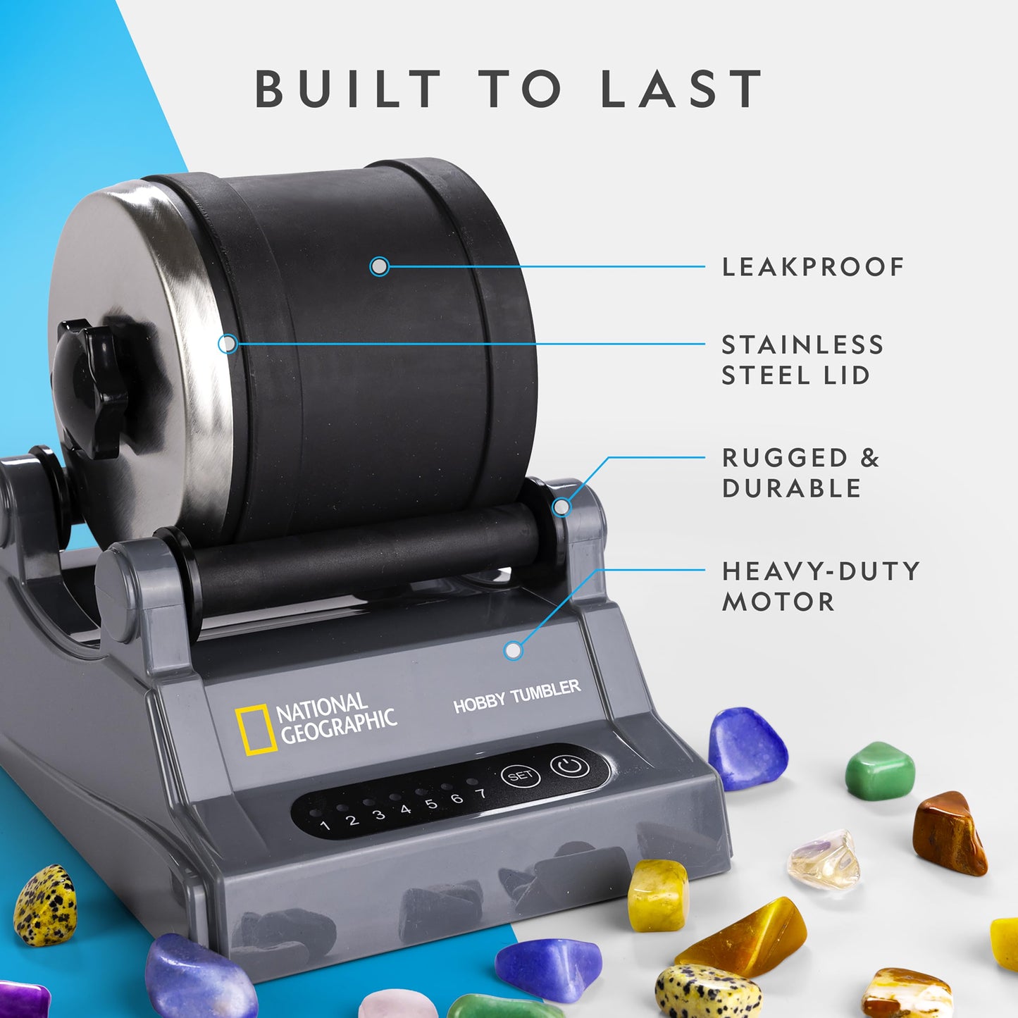 National Geographic Rock Tumbler Kit – Hobby Edition with Rough Gemstones & 4 Polishing Grits, STEM Science Kit for Kids & Adults