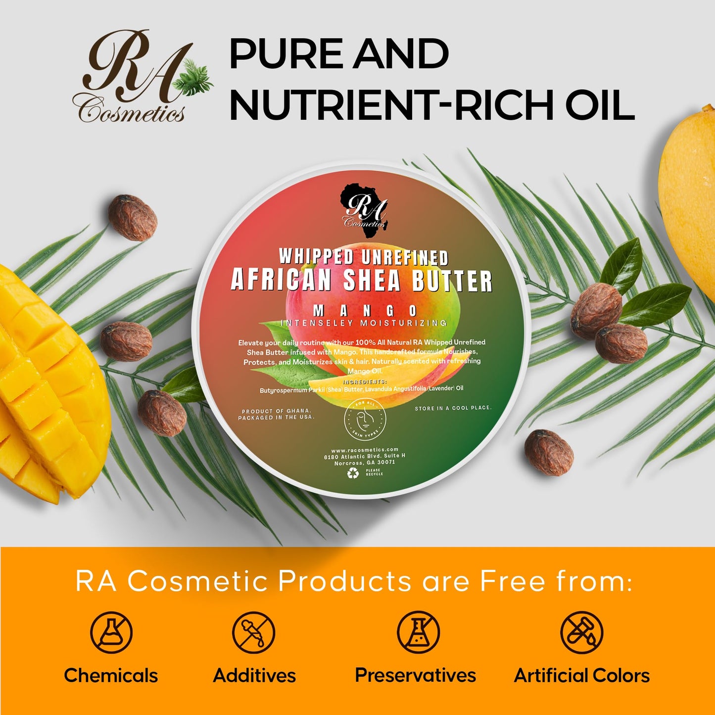 RA COSMETICS Whipped Mango Shea Butter – 100% Pure African Shea, Handcrafted Moisturizer for Skin & Hair, 12oz Jar