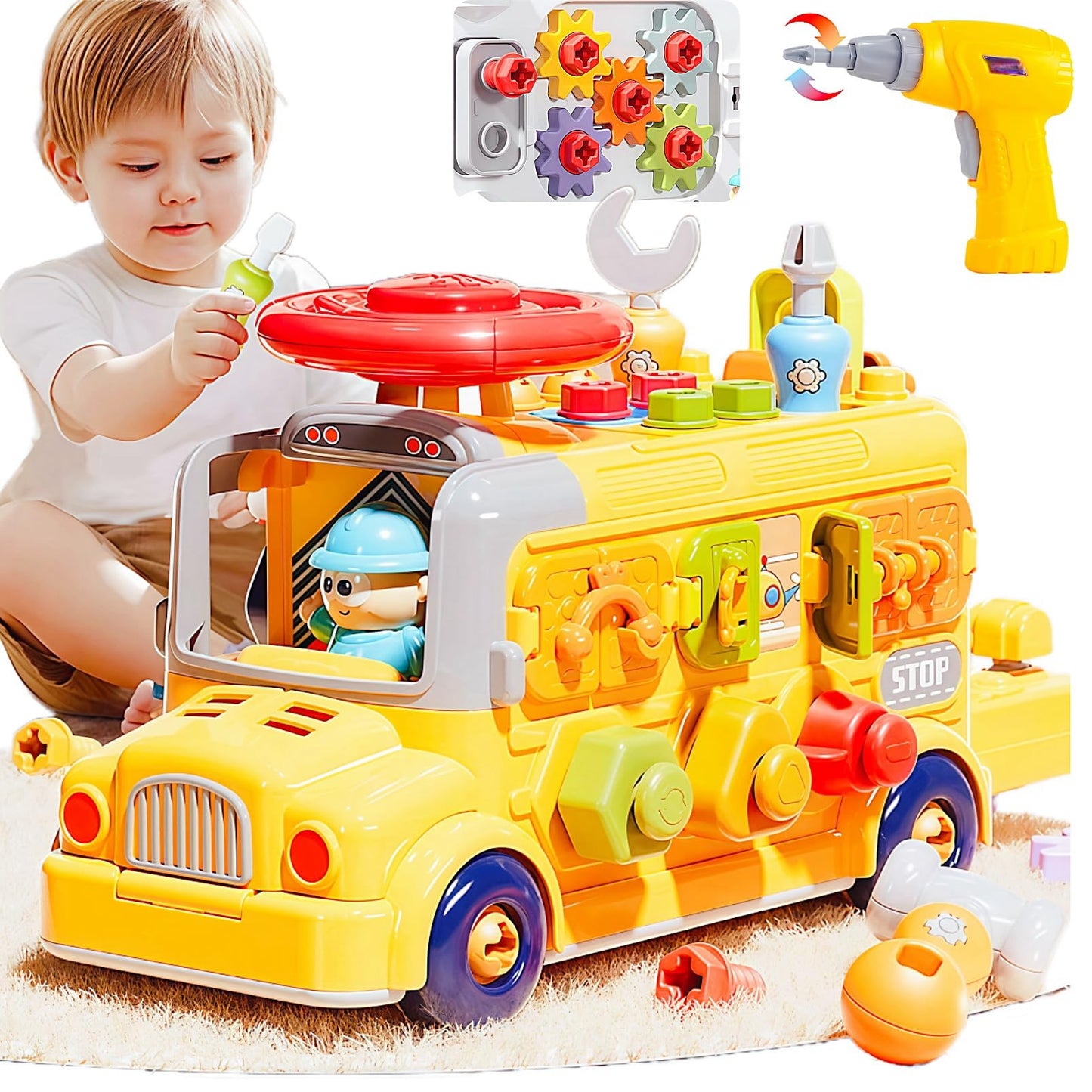 School Bus Take-Apart Toy with Electric Drill – STEM Learning, Sensory Educational Play for Boys Ages 3-7, Fun Disassembly Gift