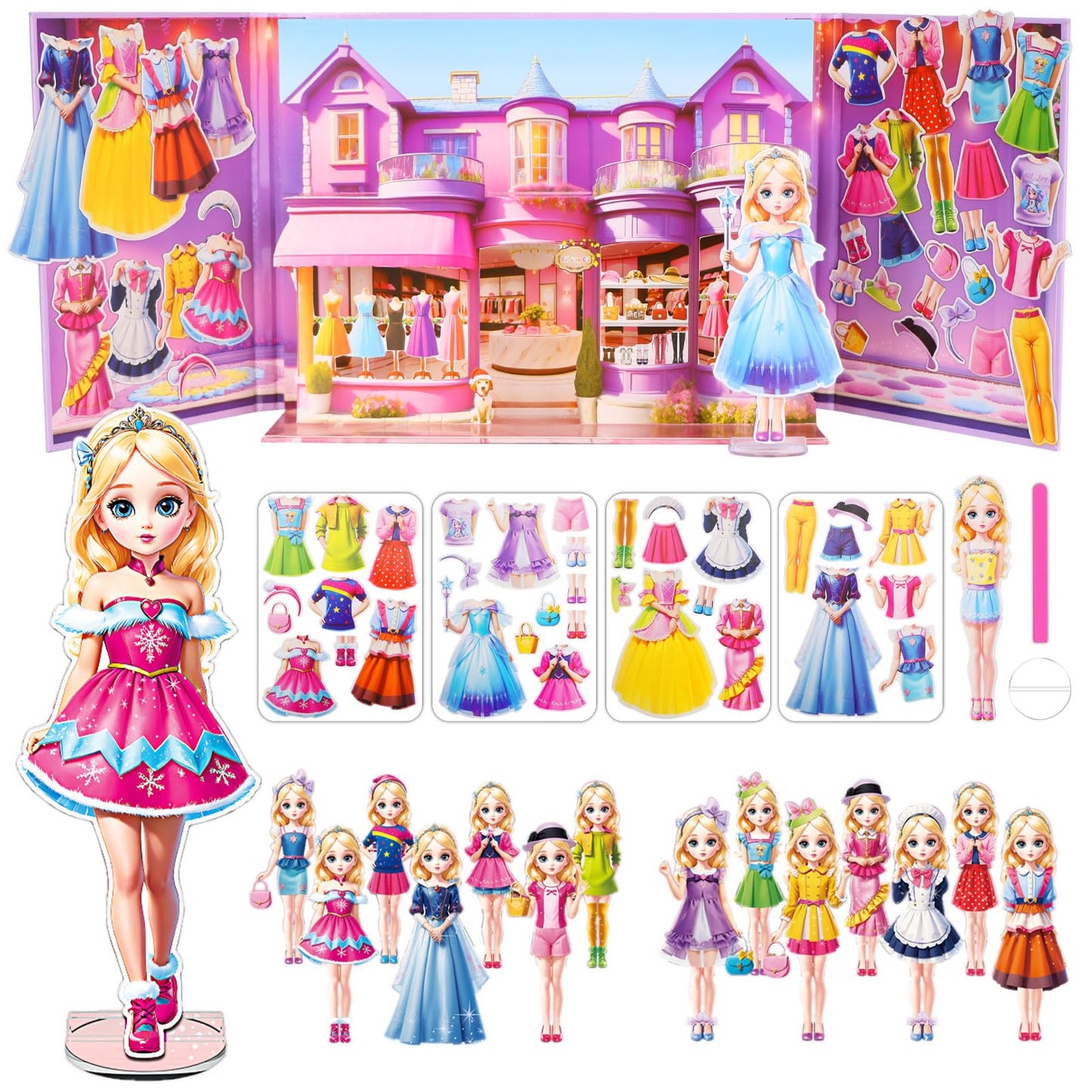 OSQI Magnetic Dress Up Dolls for Girls, 35-Piece Paper Doll Travel Playset with 3D Wardrobe Scene, Roleplay Game for Ages 4-7 (Amy)