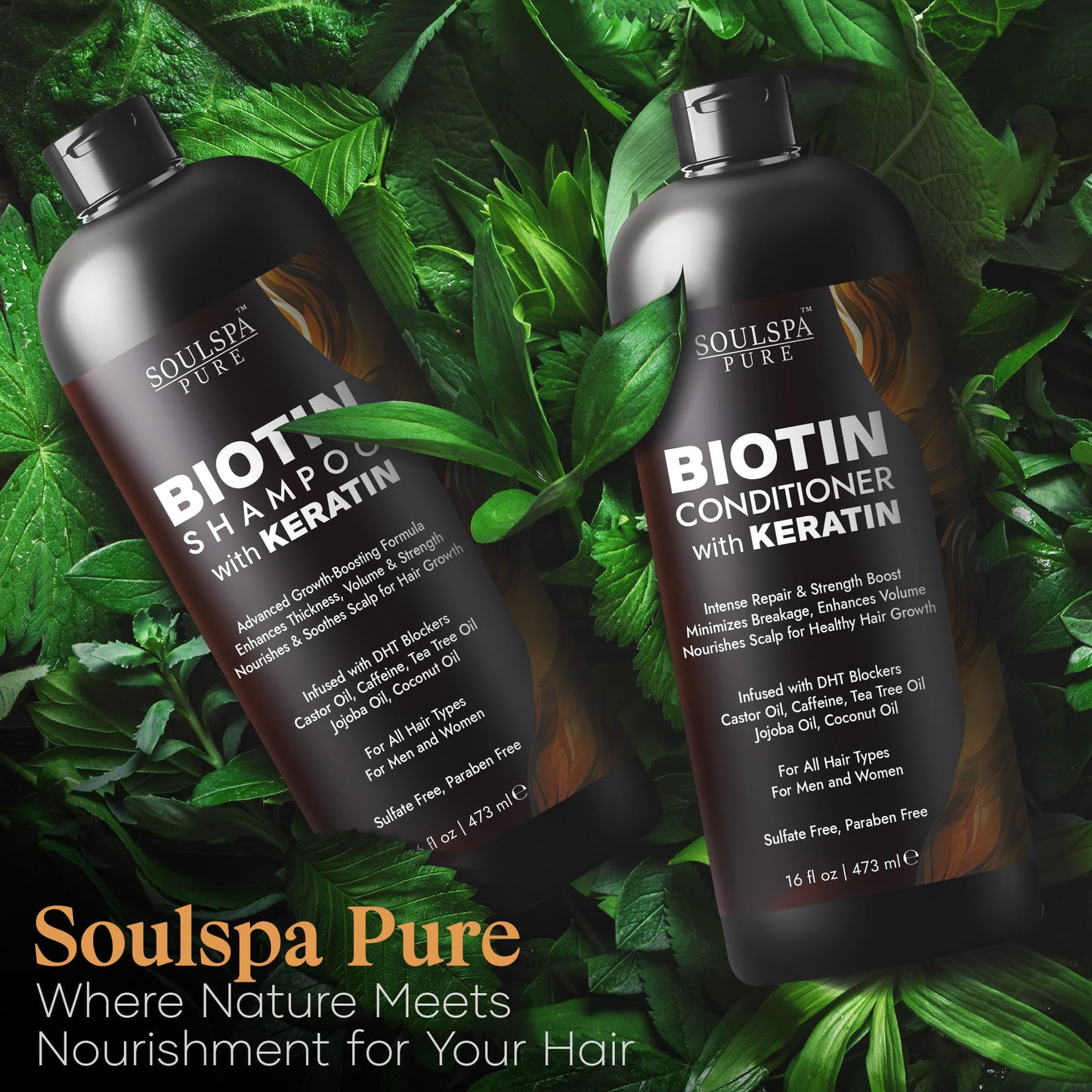 Biotin & Keratin Shampoo and Conditioner Set | Sulfate-Free Anti-Thinning Hair Growth Formula with DHT Blockers | Repair for Men & Women, 16 fl oz Each