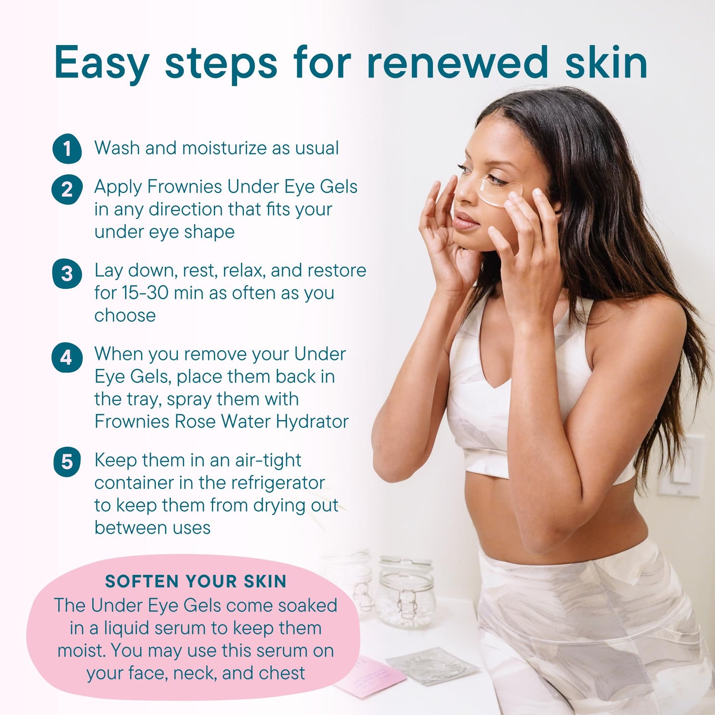 Frownies Under Eye Gel Patches for Puffy Eyes - Dark Circles with Cactus Collagen - Reusable, 3 Pack