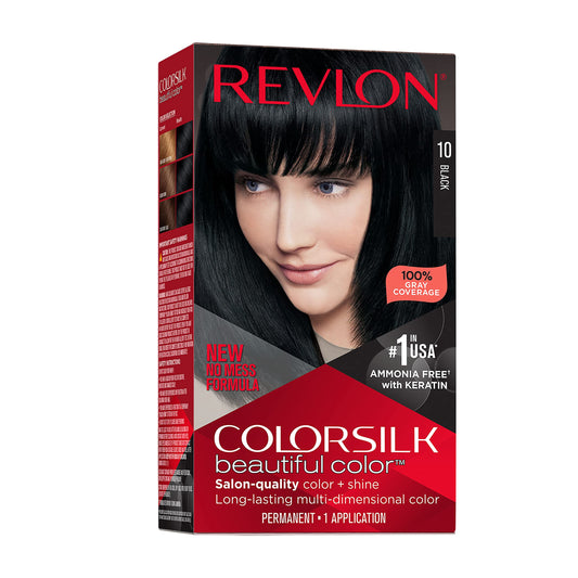 Revlon Colorsilk Beautiful Color 010 Black Hair Dye – Ammonia-Free Permanent Color for 100% Gray Coverage, Shine & Silky Soft Hair, 1 Pack