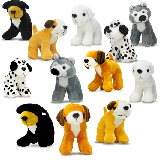 "4E's 12-Pack Plush Puppy Dogs – 5'' Small Stuffed Animals, 6 Designs – Cute Birthday Party Favors & Gifts for Kids"