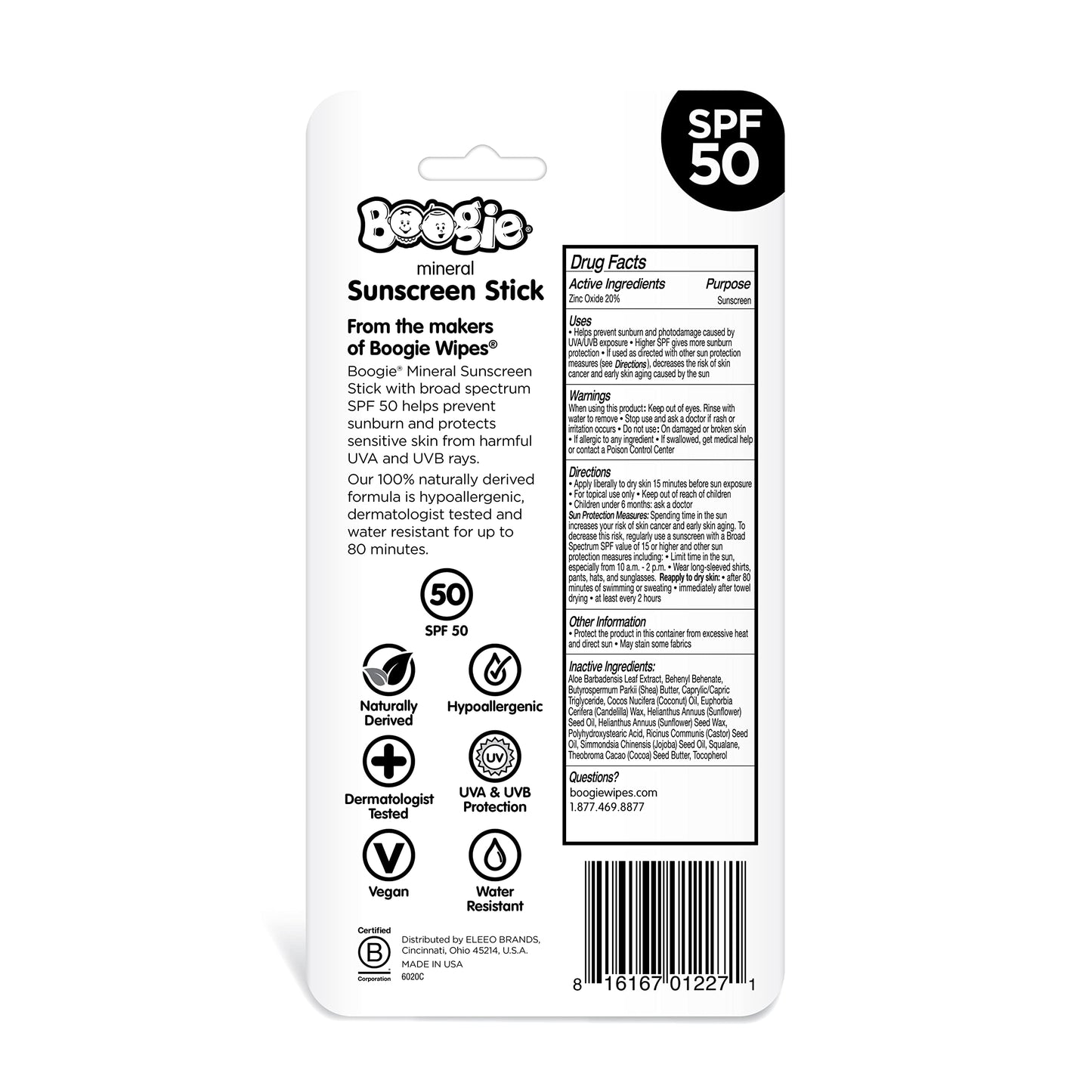 Boogie Block Baby Sunscreen Stick SPF 50 - Mineral, Water-Resistant, Vegan, Fragrance-Free, Travel Size for Kids, 2 Pack, FSA/HSA Eligible