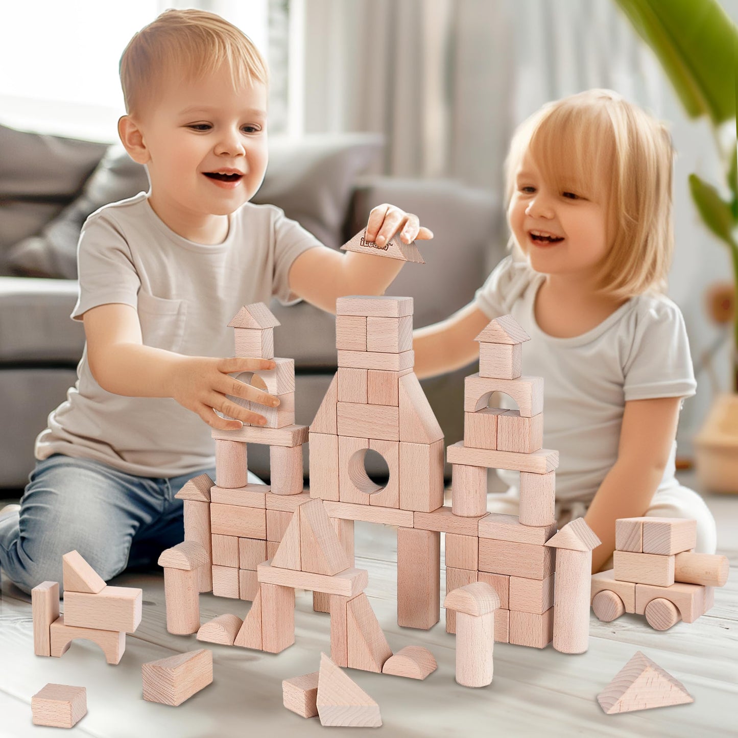 iPlay iLearn Wooden Building Blocks for Kids – Montessori Toddler Toy, Hardwood Stacking Bricks, Preschool Gift for Ages 2-8