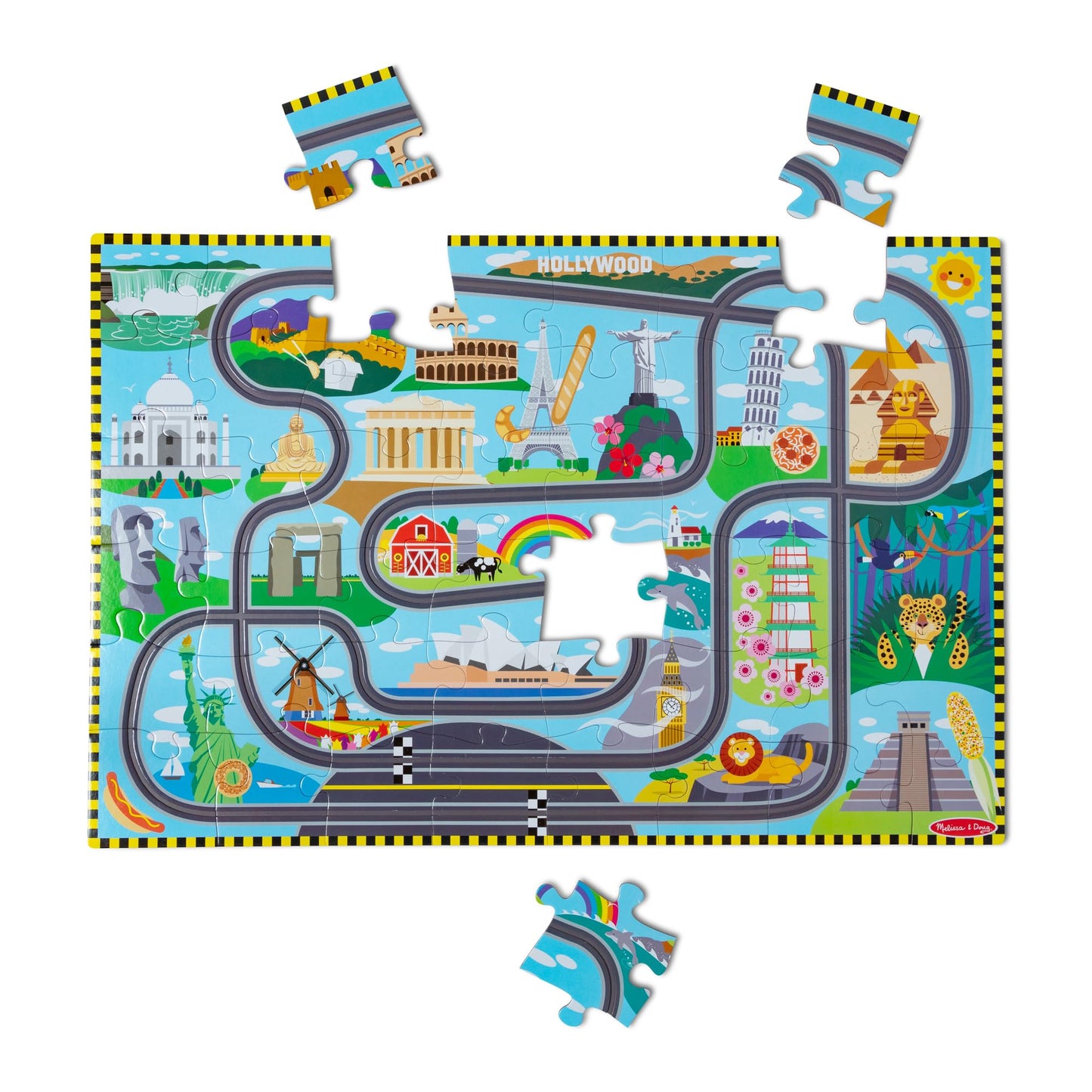 Melissa & Doug Race Around the World Floor Puzzle – 48-Piece Jigsaw with Wind-Up Vehicles, FSC-Certified, Educational Toy for Kids Ages 4+
