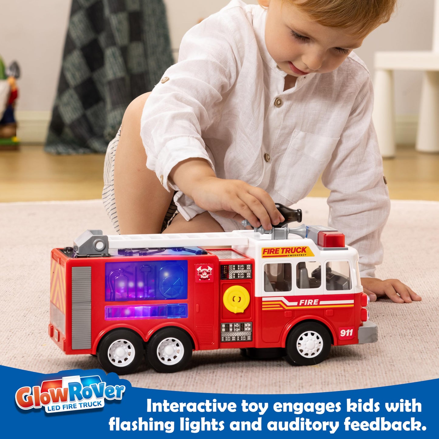 JOYIN LED Fire Truck Toy for Toddlers – Bump & Go Fire Engine with LED Lights, Sirens, Mode Switch & Volume Control, Boys & Girls Gift