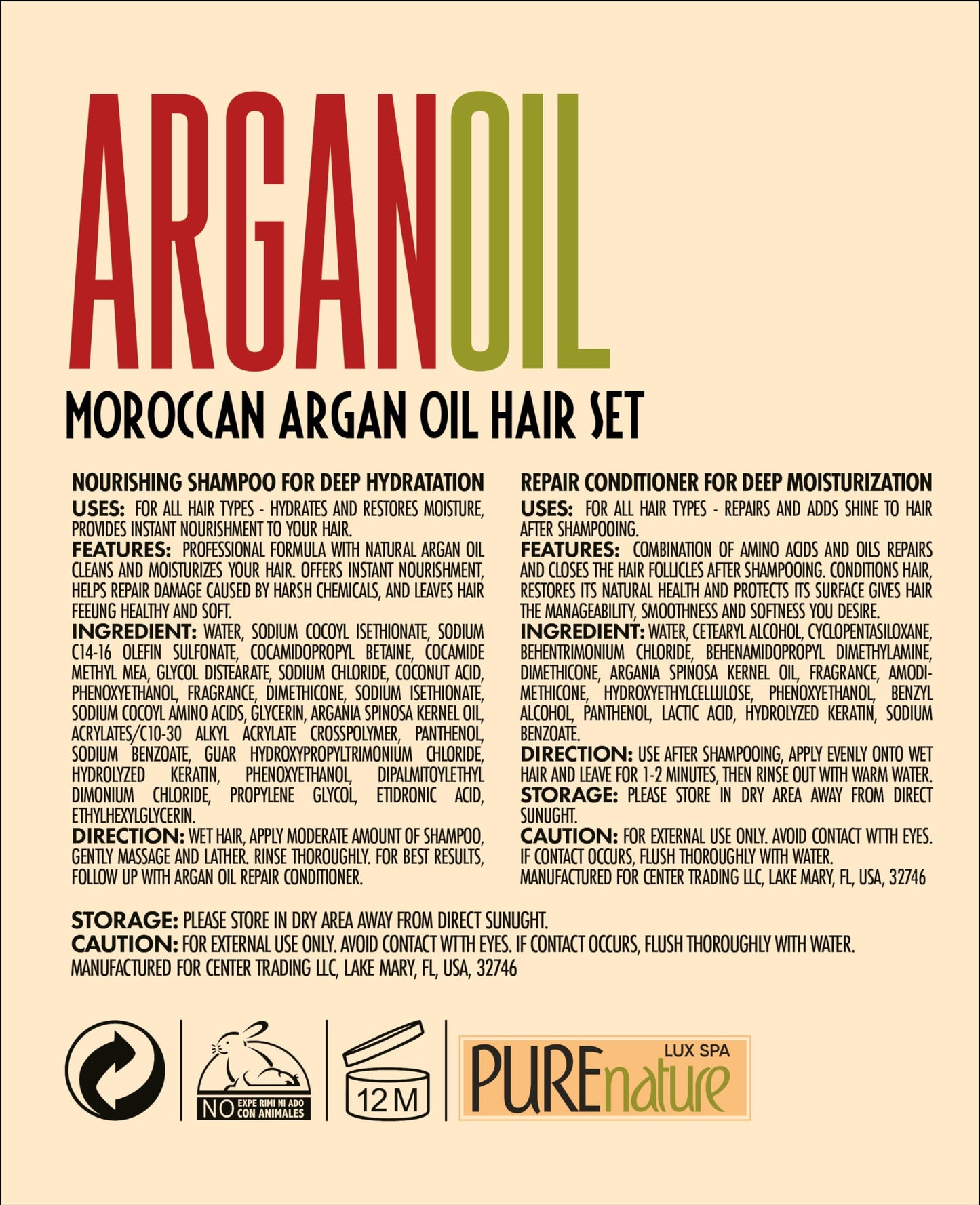 Argan Oil Shampoo & Conditioner Set – Sulfate Free Moroccan Formula with Keratin – Hydrating, Moisturizing, Anti-Frizz Care for Dry, Curly & Damaged Hair