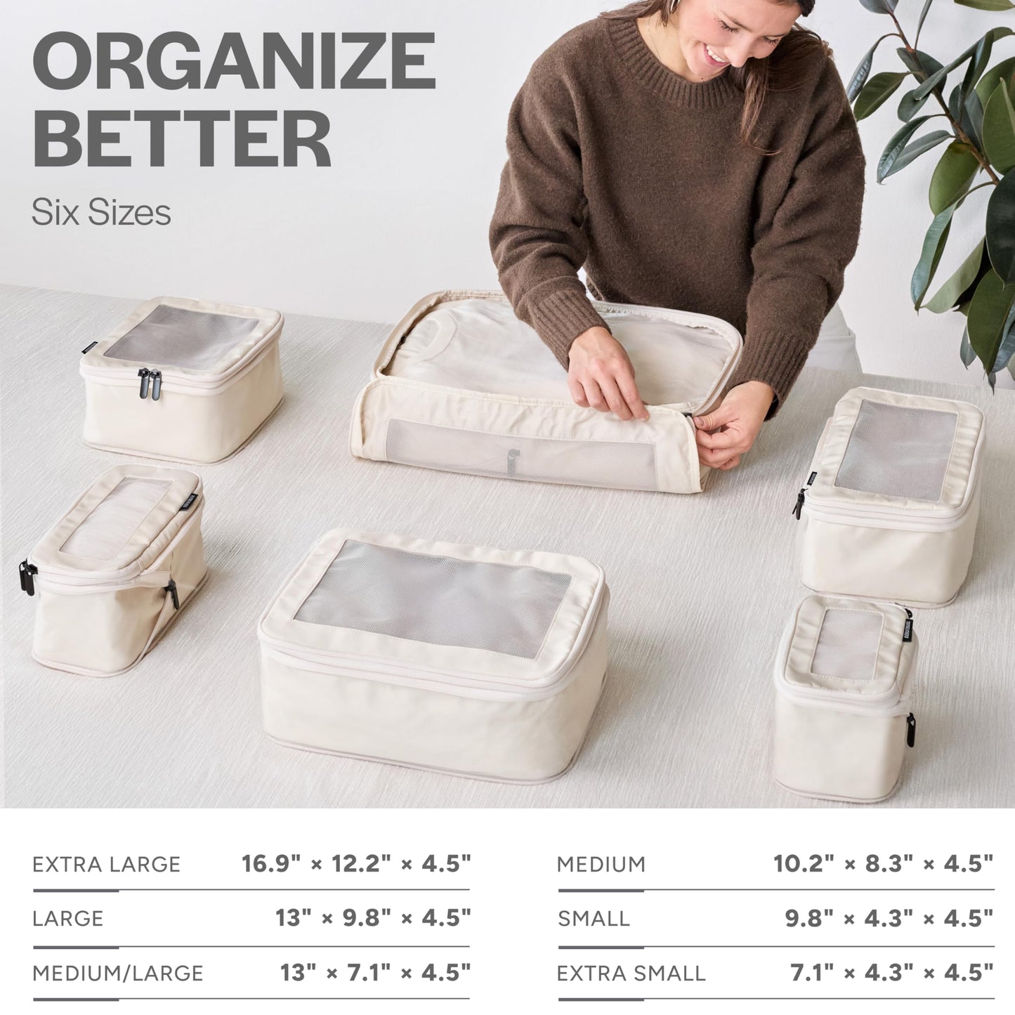 Aerotrunk Compression Packing Cubes for Travel - Luggage Organizer Bags - Double Zipper Packing Cubes for Suitcases (6-Pack, Beige)