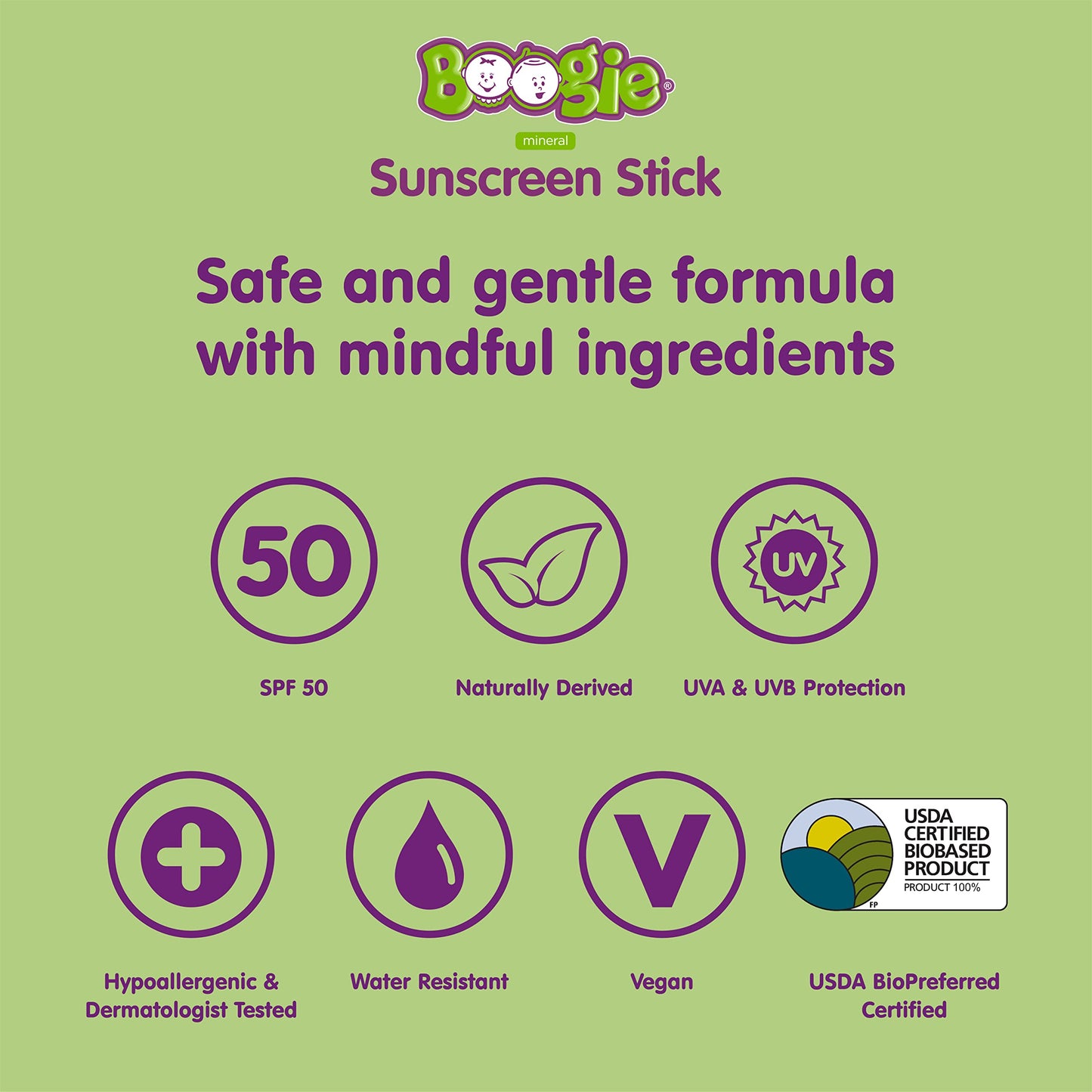 Boogie Block Baby Sunscreen Stick SPF 50 - Mineral, Water-Resistant, Vegan, Fragrance-Free, Travel Size for Kids, 2 Pack, FSA/HSA Eligible