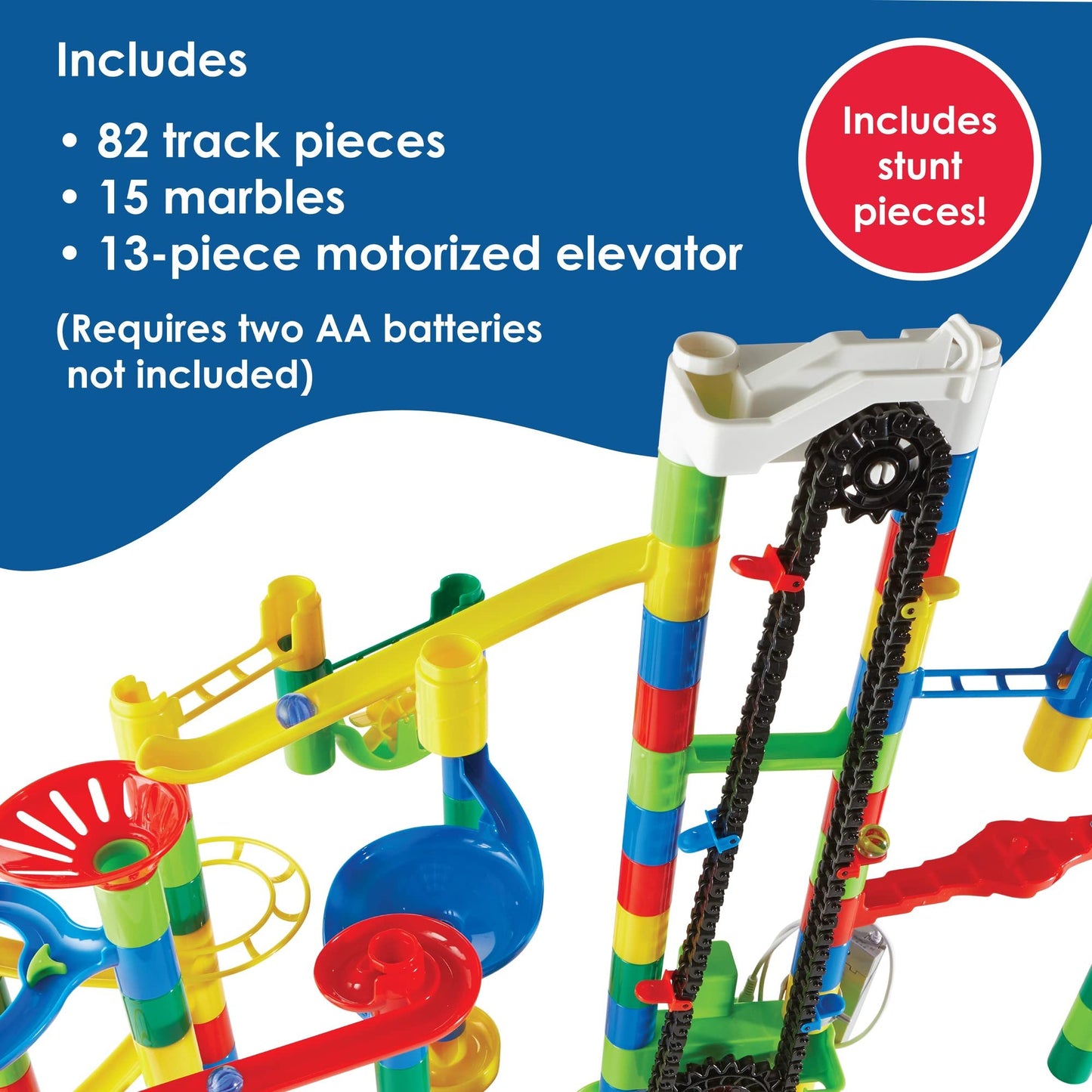 MindWare Marble Run 110 Piece Building Set with 82 Track Pieces, 15 Marbles and Motorized Elevator